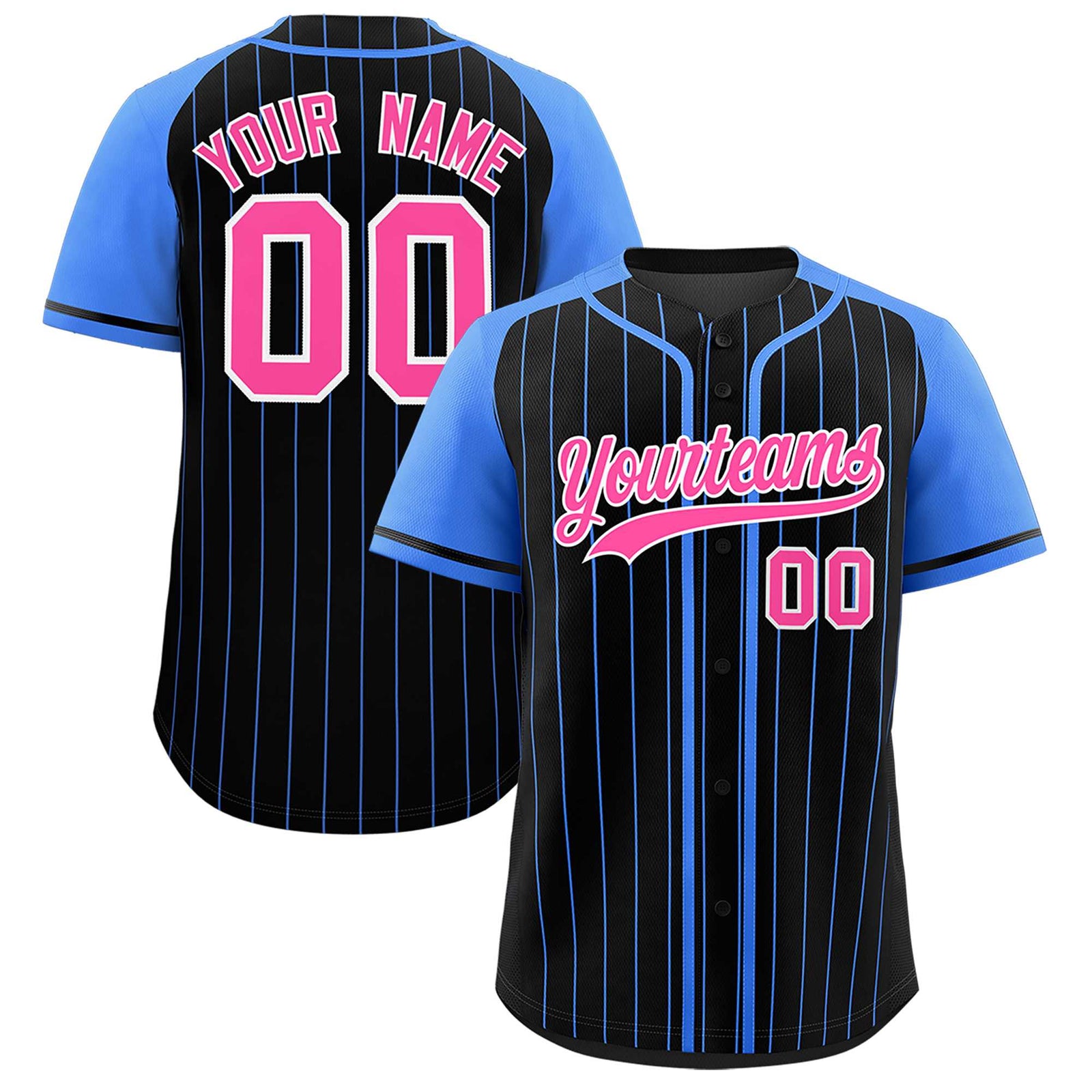 Custom Black Powder Blue Stripe Fashion Raglan Sleeves Authentic Baseball Jersey