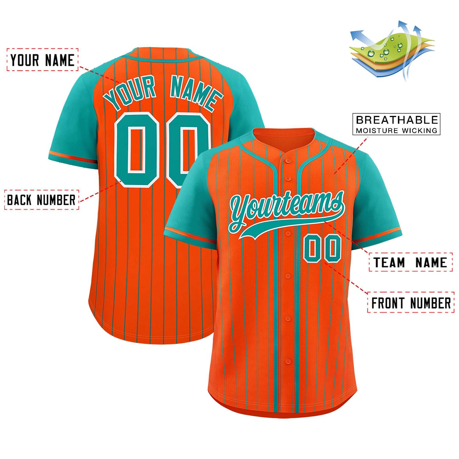 Custom Orange Aqua Stripe Fashion Raglan Sleeves Authentic Baseball Jersey