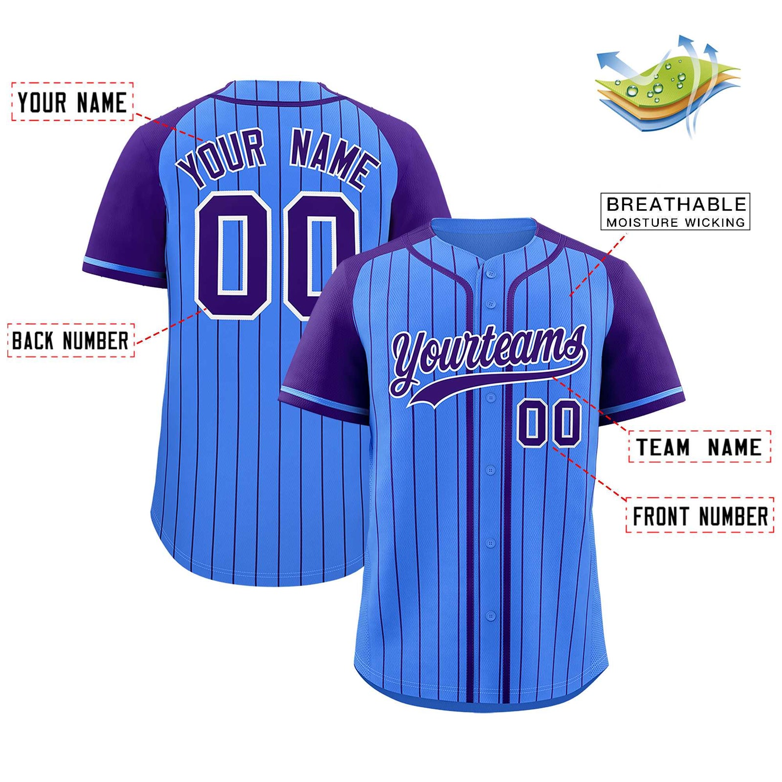 Custom Powder Blue Purple Stripe Fashion Raglan Sleeves Authentic Baseball Jersey