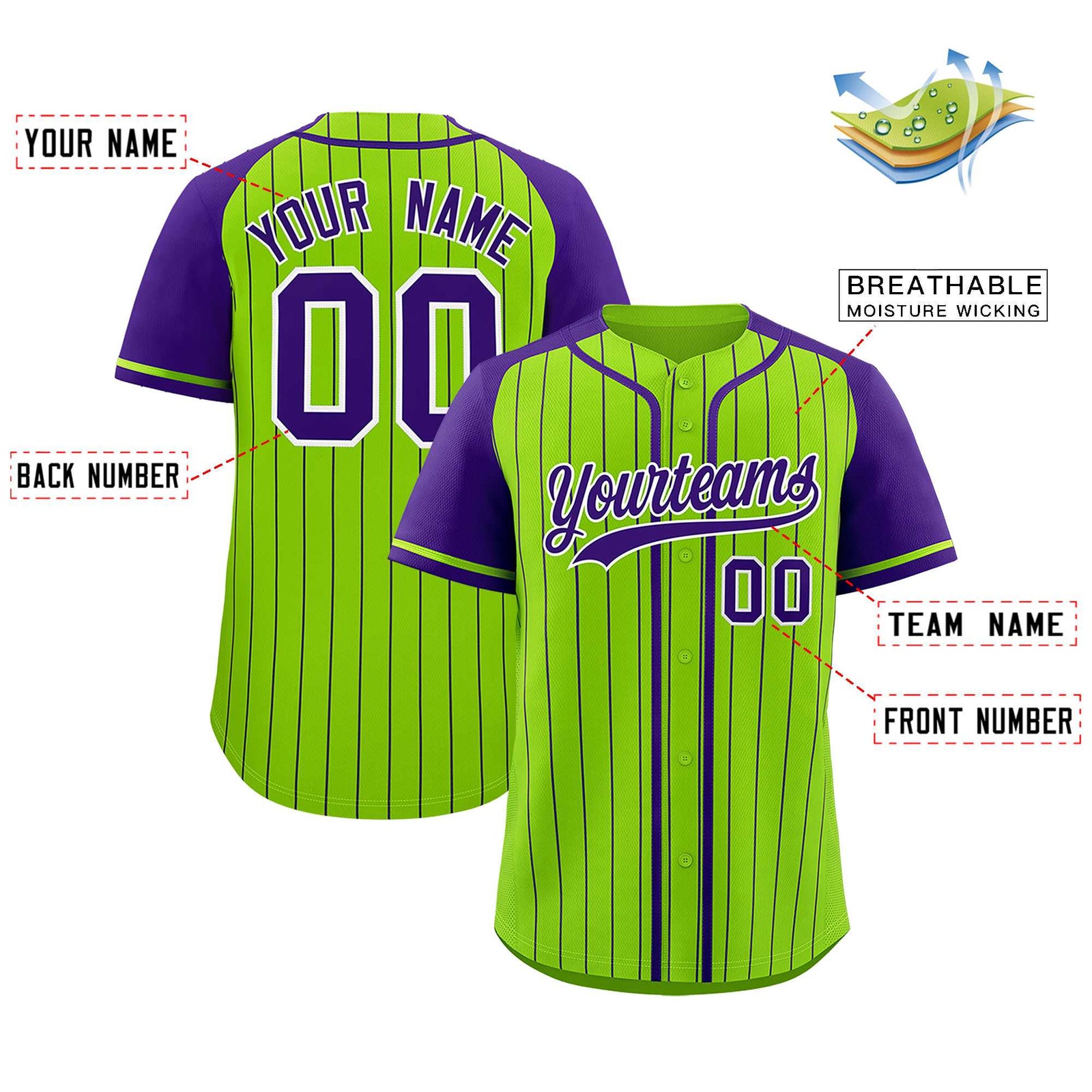 Custom Neon Green Purple Stripe Fashion Raglan Sleeves Authentic Baseball Jersey