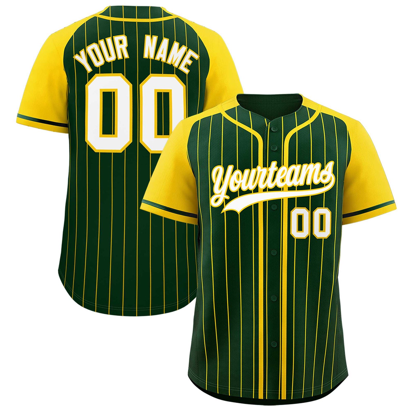Custom Green Gold Stripe Fashion Raglan Sleeves Authentic Baseball Jersey
