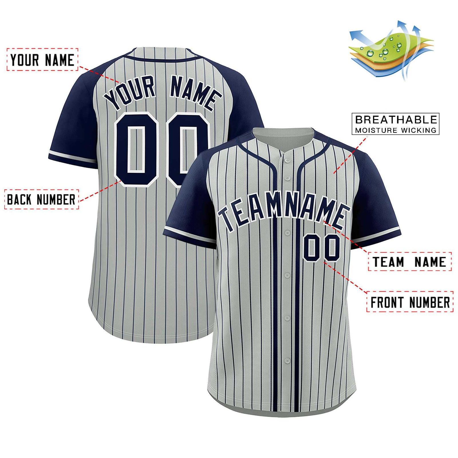 Custom Gray Navy Stripe Fashion Raglan Sleeves Authentic Baseball Jersey