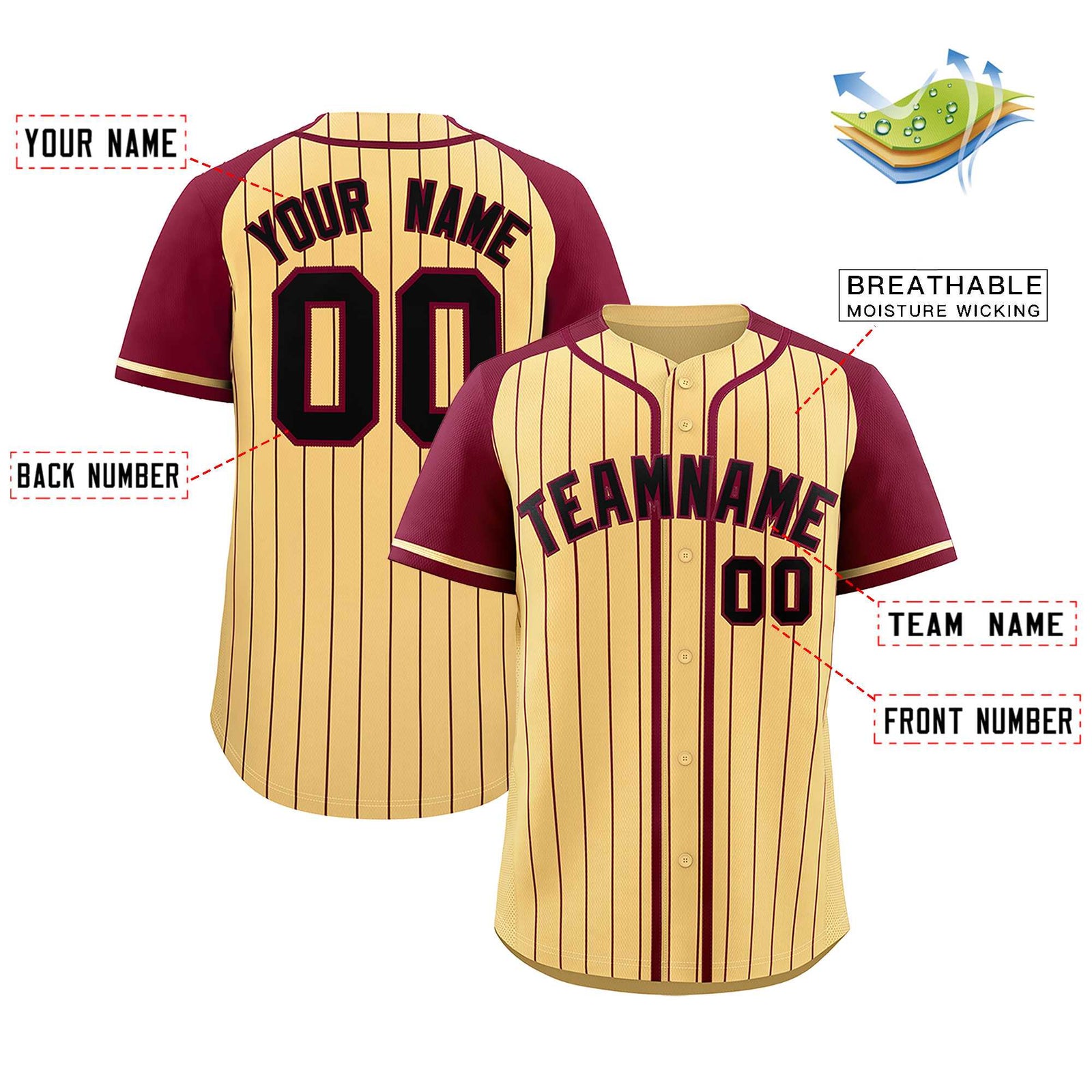 Custom Khaki Crimson Stripe Fashion Raglan Sleeves Authentic Baseball Jersey