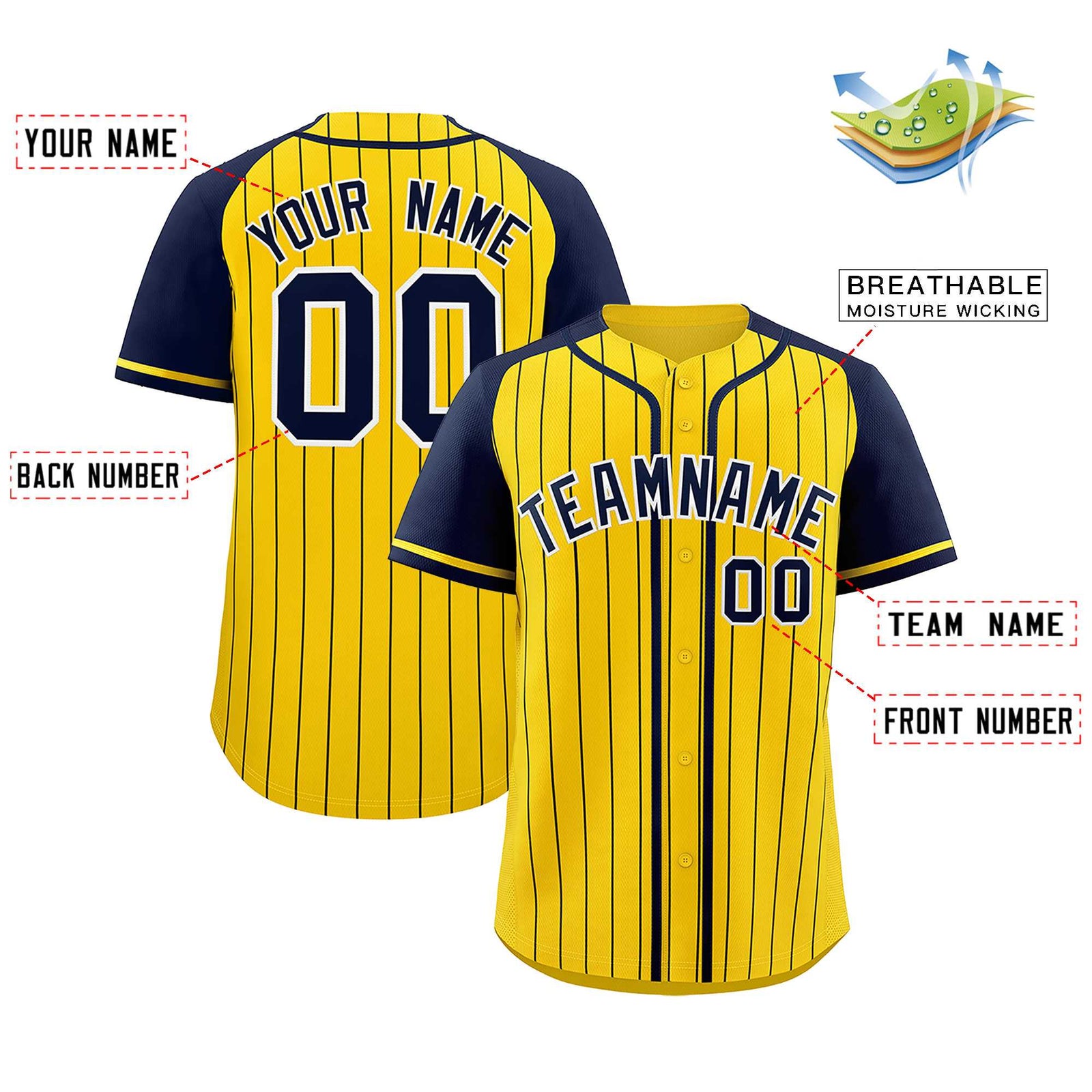 Custom Gold Navy Stripe Fashion Raglan Sleeves Authentic Baseball Jersey