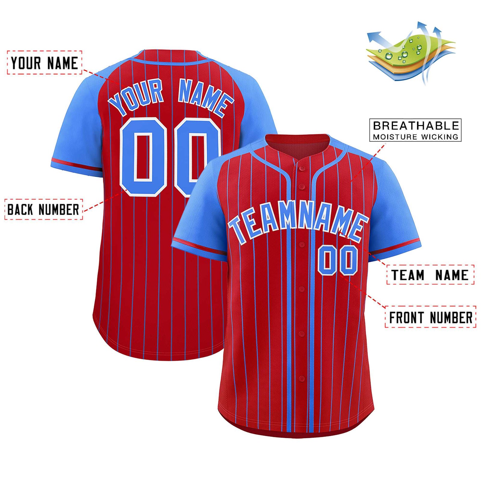 Custom Red Powder Blue Stripe Fashion Raglan Sleeves Authentic Baseball Jersey