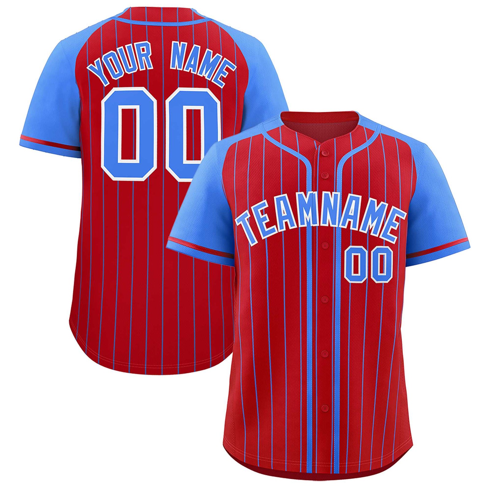 Custom Red Powder Blue Stripe Fashion Raglan Sleeves Authentic Baseball Jersey