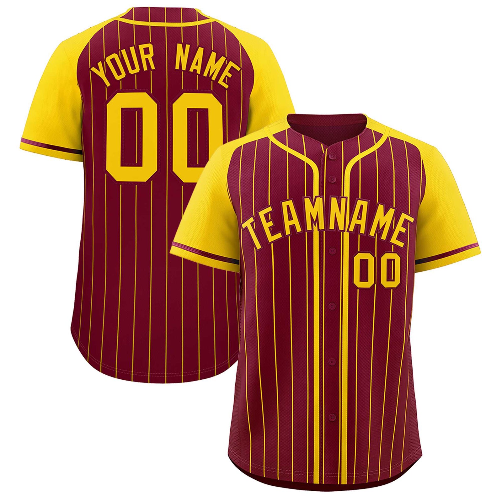 Custom Crimson Gold Stripe Fashion Raglan Sleeves Authentic Baseball Jersey