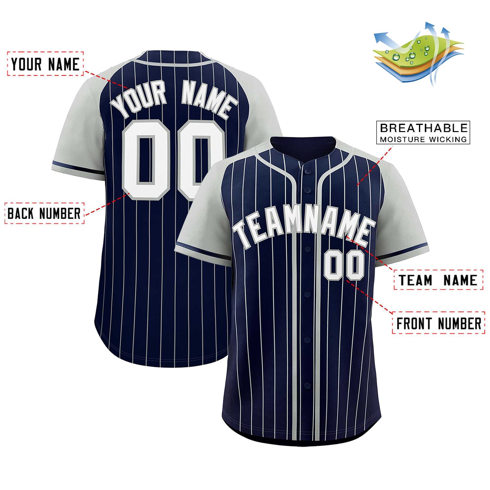 Custom Navy Gray Stripe Fashion Raglan Sleeves Authentic Baseball Jersey