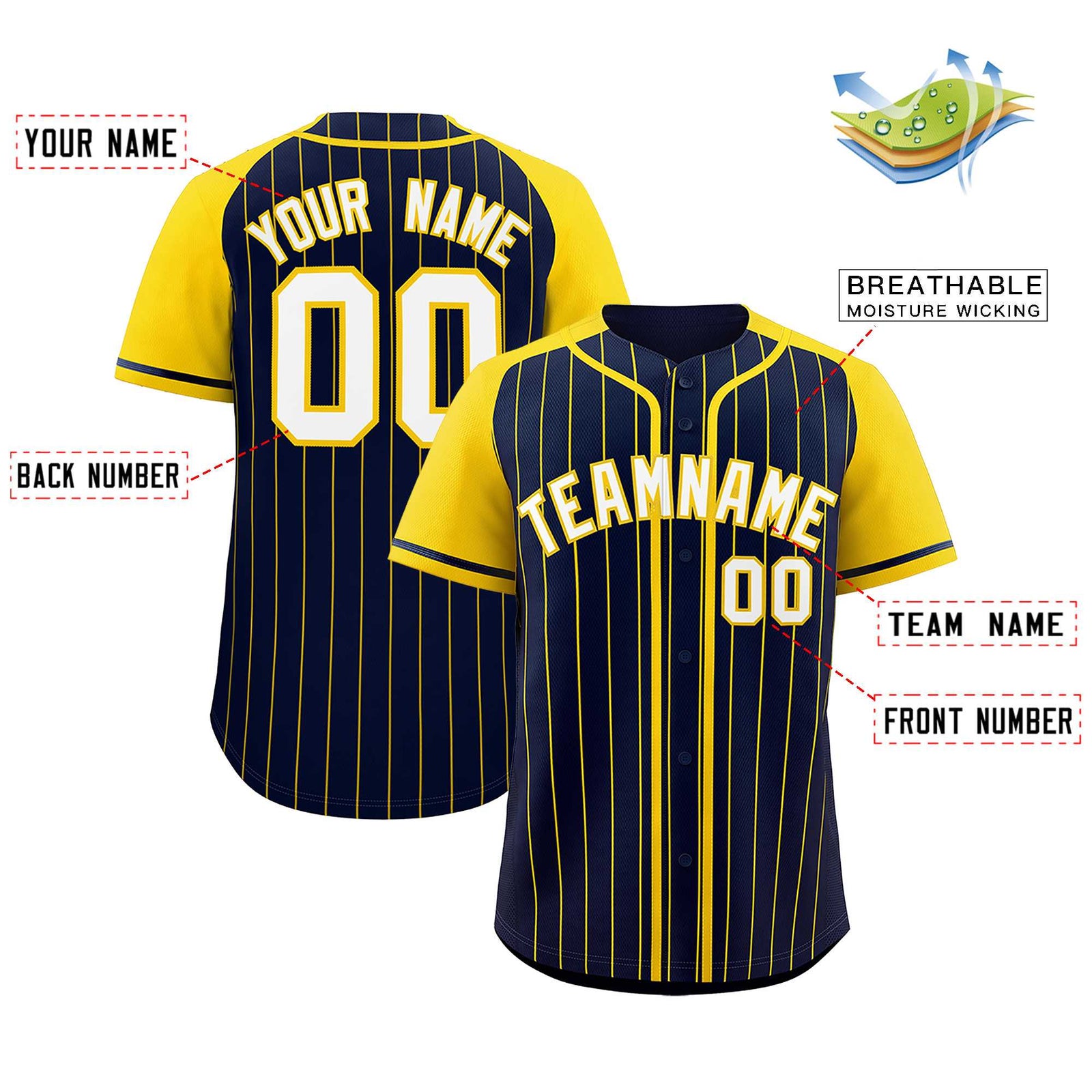 Custom Navy Gold Stripe Fashion Raglan Sleeves Authentic Baseball Jersey