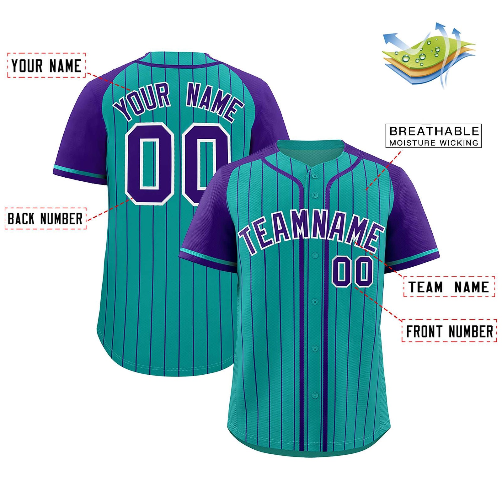 Custom Aqua Purple Stripe Fashion Raglan Sleeves Authentic Baseball Jersey