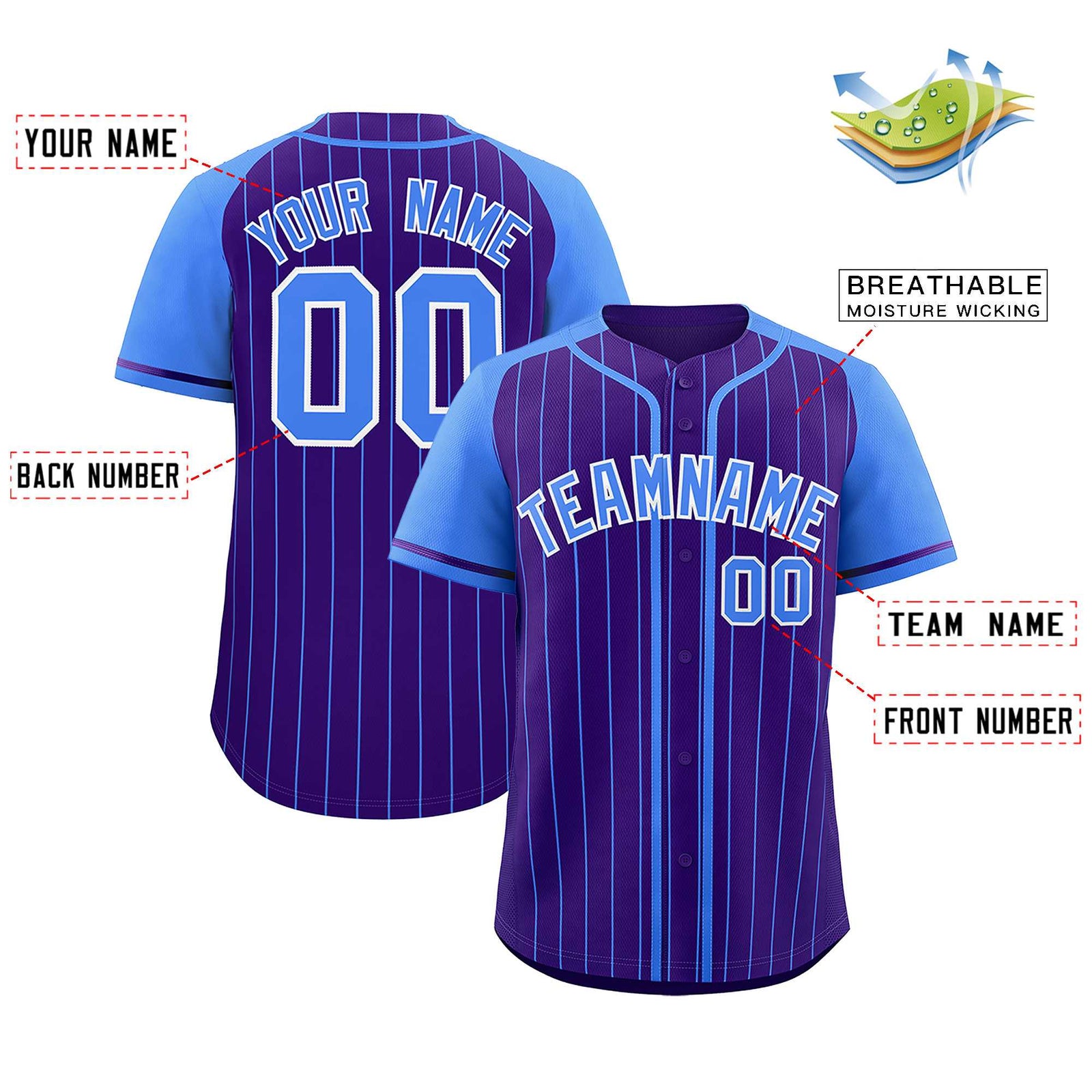 Custom Purple Powder Blue Stripe Fashion Raglan Sleeves Authentic Baseball Jersey