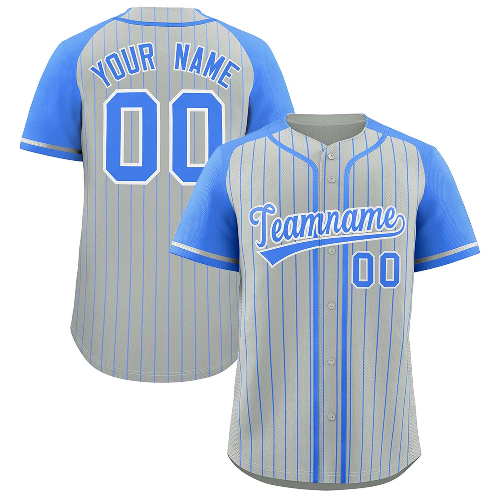 Custom Gray Powder Blue Stripe Fashion Raglan Sleeves Authentic Baseball Jersey