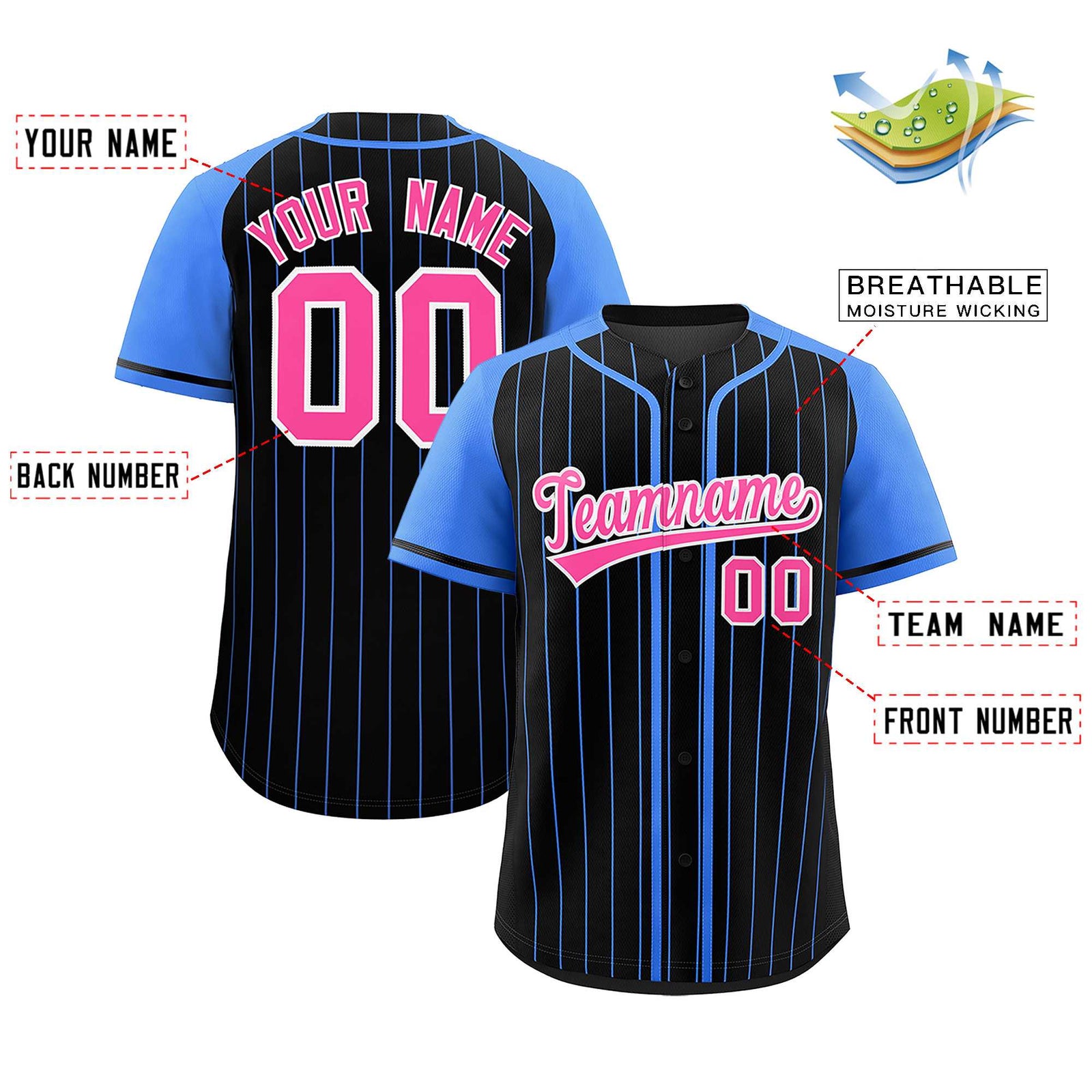 Custom Black Powder Blue Stripe Fashion Raglan Sleeves Authentic Baseball Jersey