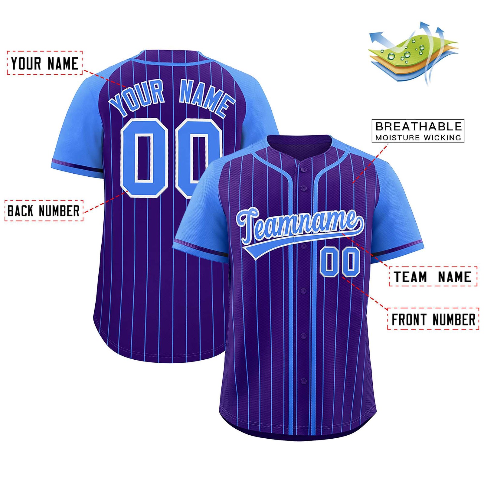 Custom Purple Powder Blue Stripe Fashion Raglan Sleeves Authentic Baseball Jersey