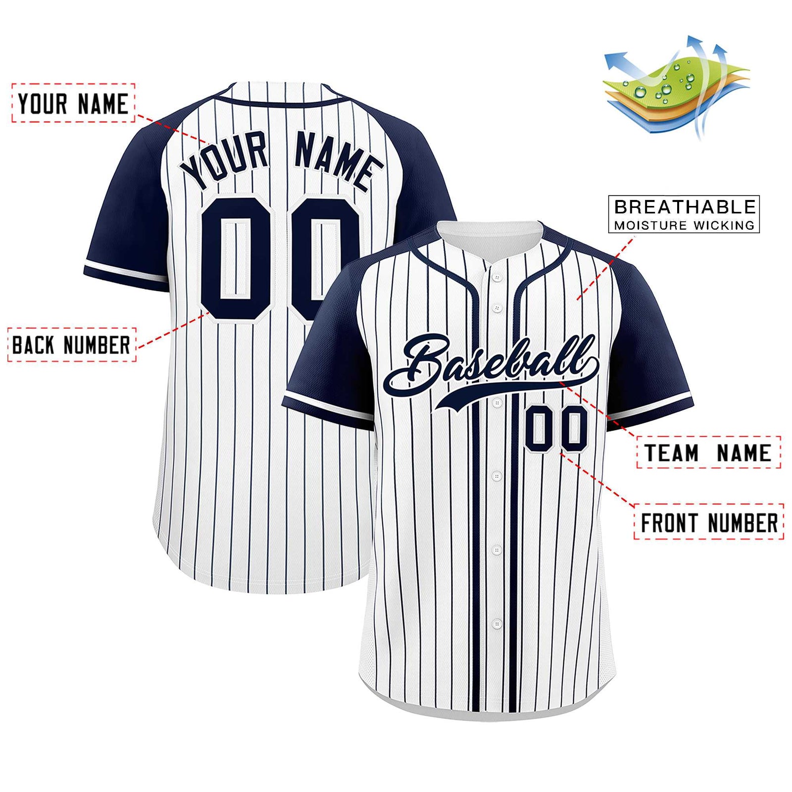 Custom White Navy Stripe Fashion Raglan Sleeves Authentic Baseball Jersey