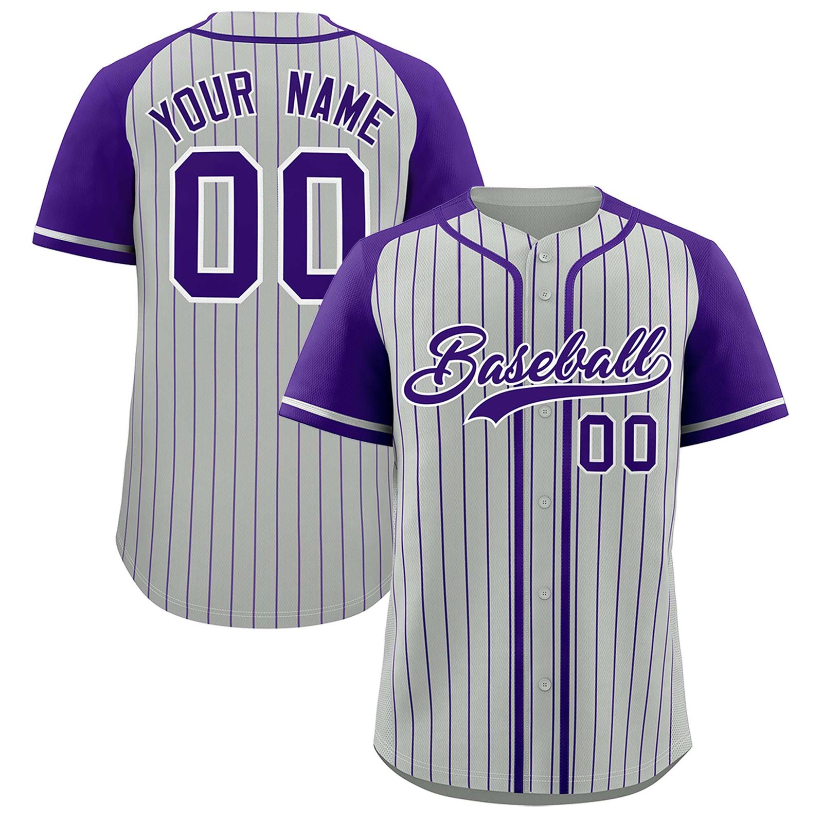 Custom Gray Purple Stripe Fashion Raglan Sleeves Authentic Baseball Jersey