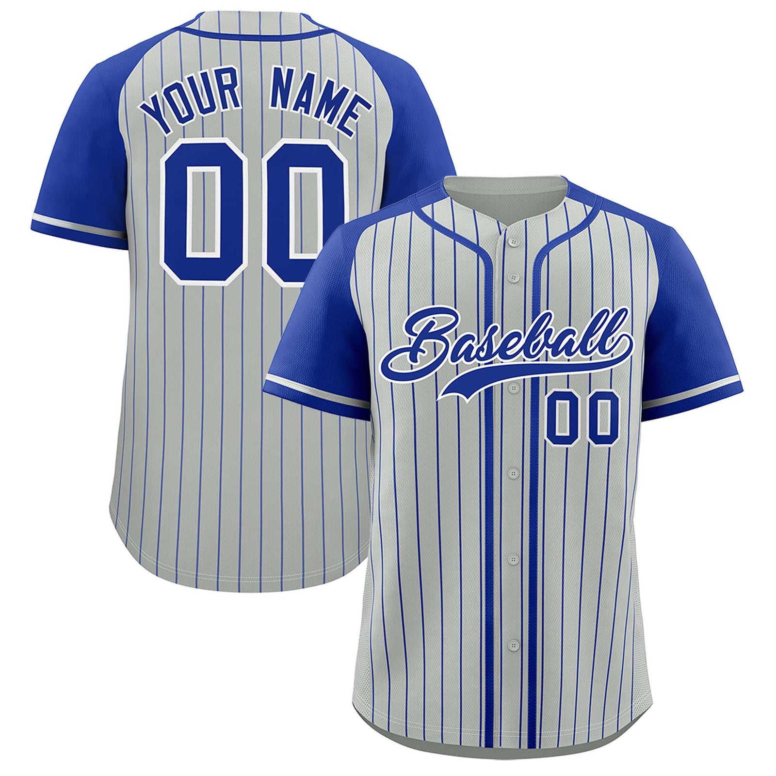 Custom Gray Royal Stripe Fashion Raglan Sleeves Authentic Baseball Jersey