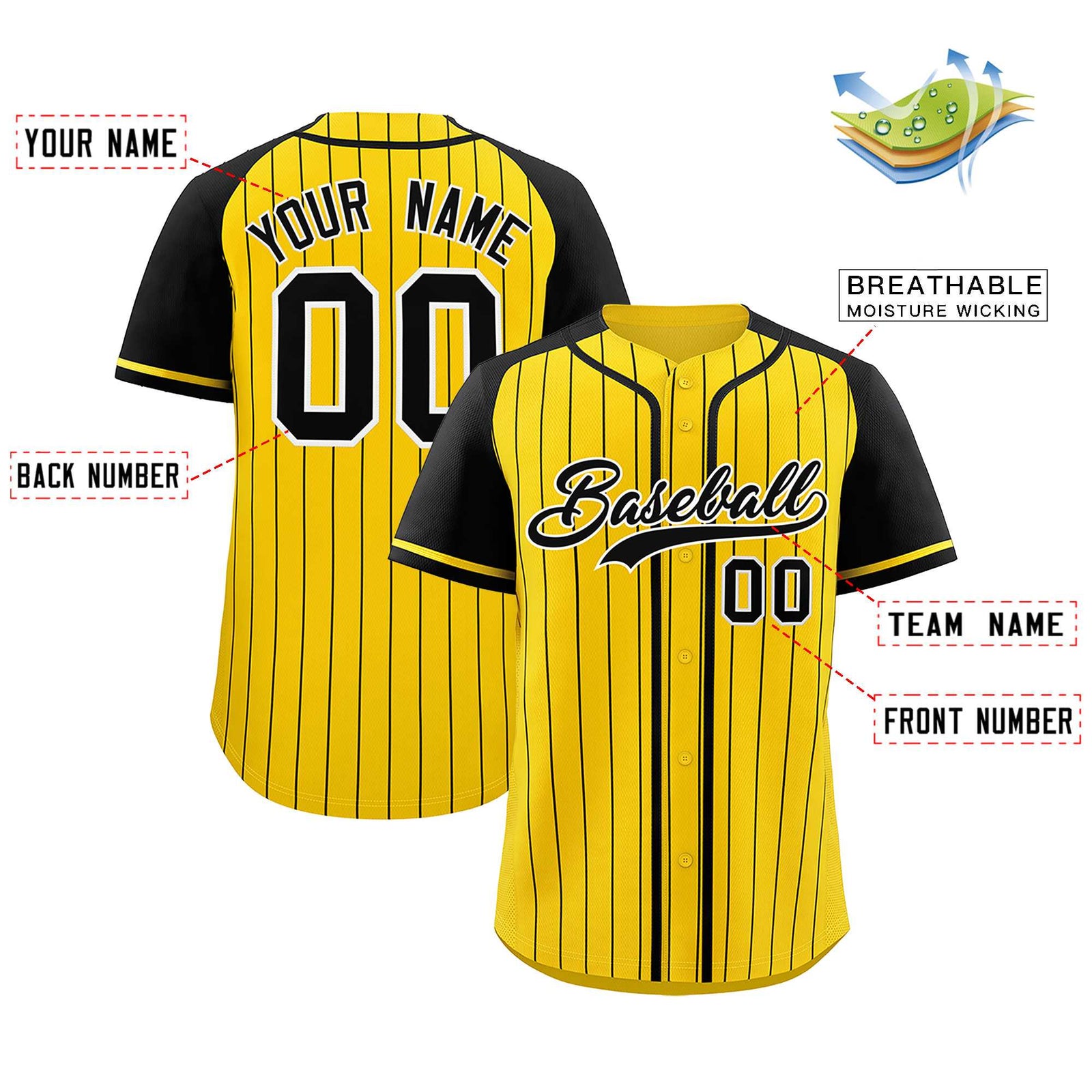 Custom Gold Black Stripe Fashion Raglan Sleeves Authentic Baseball Jersey