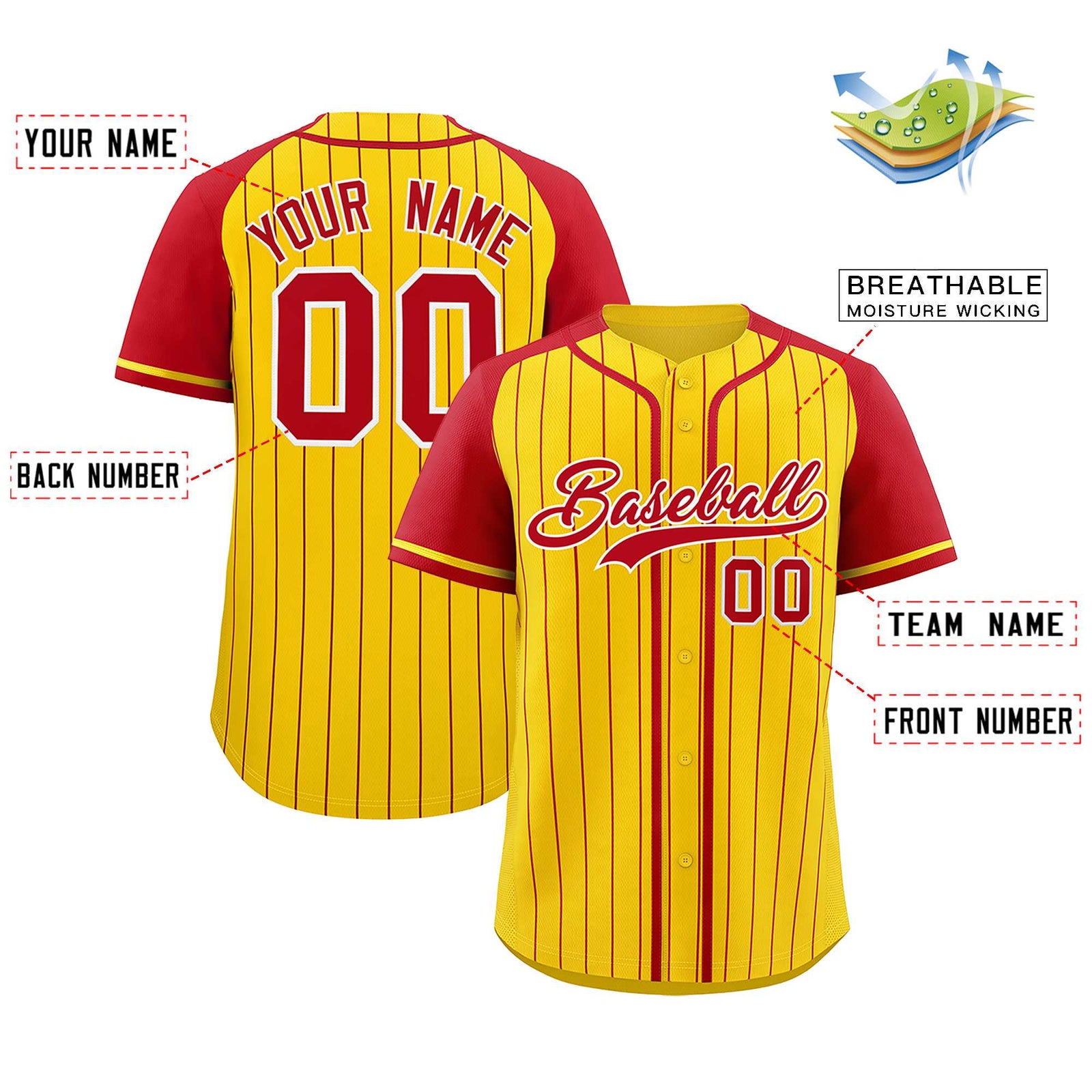 Custom Gold Red Stripe Fashion Raglan Sleeves Authentic Baseball Jersey
