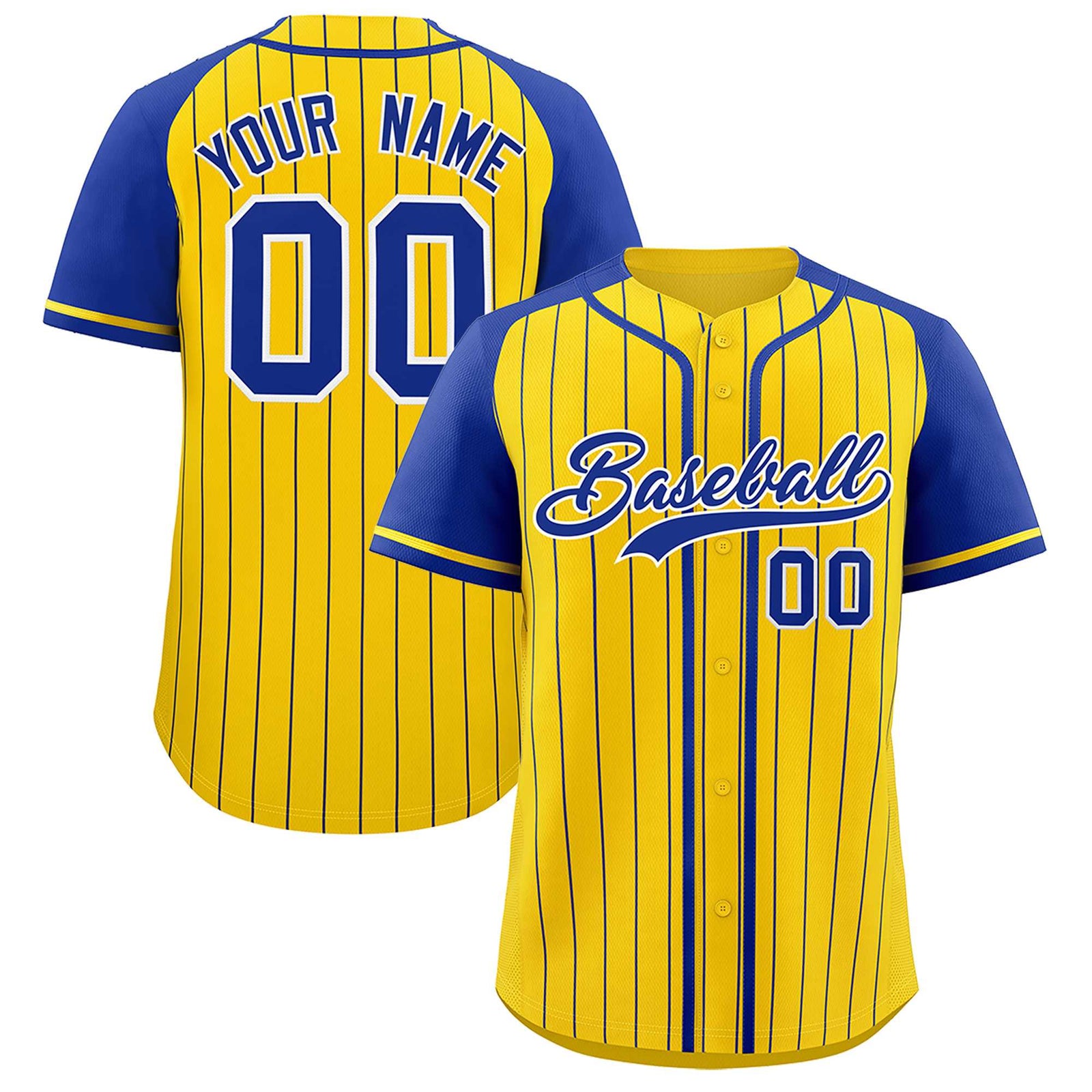 Custom Gold Royal Stripe Fashion Raglan Sleeves Authentic Baseball Jersey