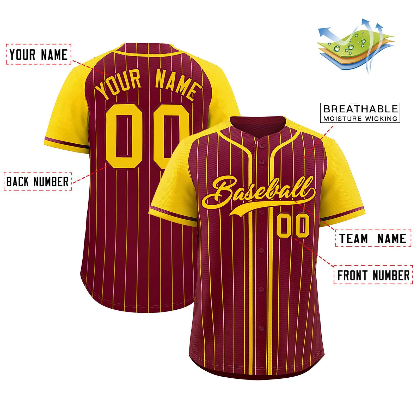 Custom Crimson Gold Stripe Fashion Raglan Sleeves Authentic Baseball Jersey
