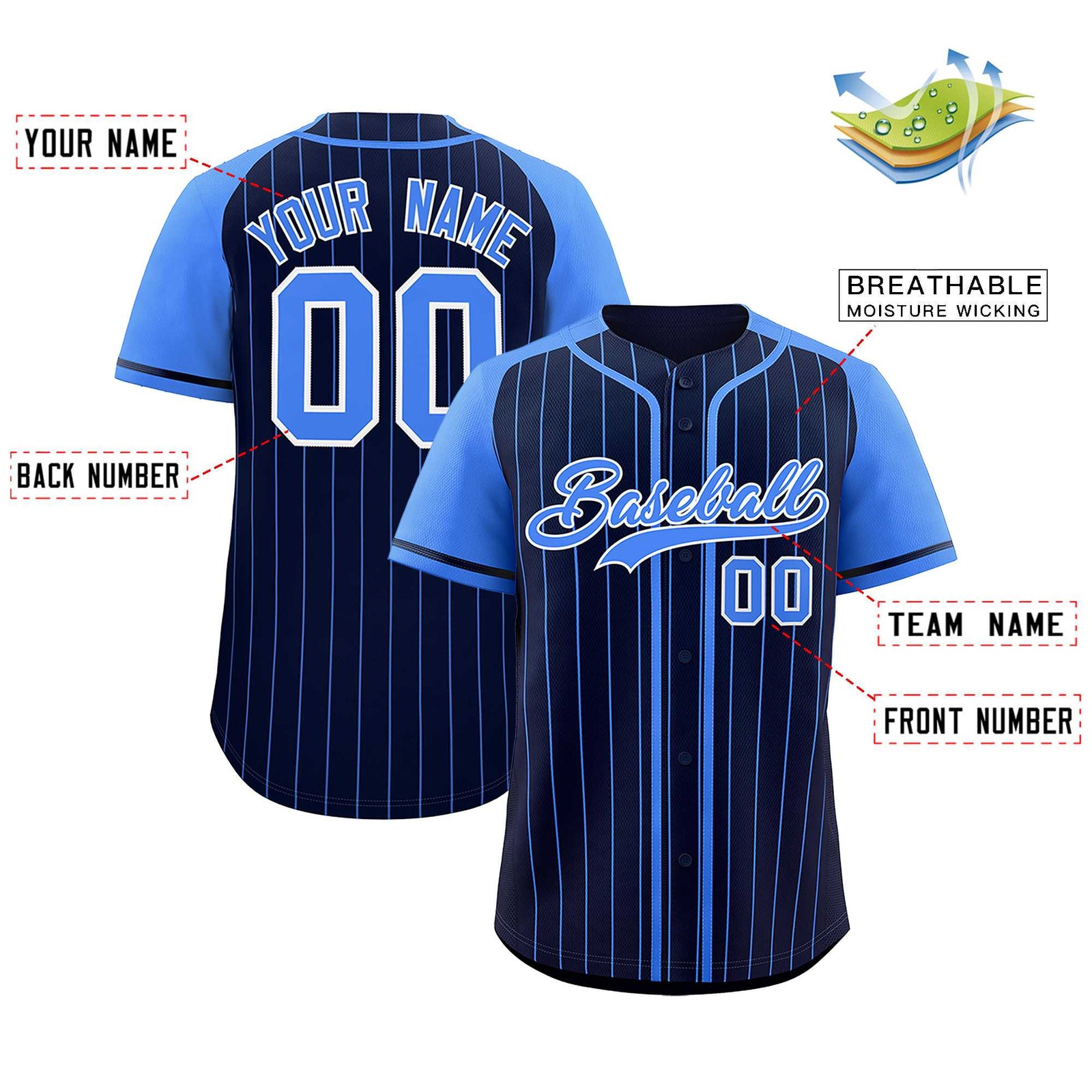 Custom Navy Powder Blue Stripe Fashion Raglan Sleeves Authentic Baseball Jersey