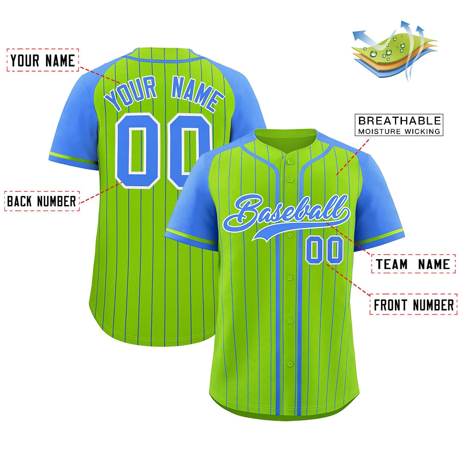 Custom Neon Green Powder Blue Stripe Fashion Raglan Sleeves Authentic Baseball Jersey