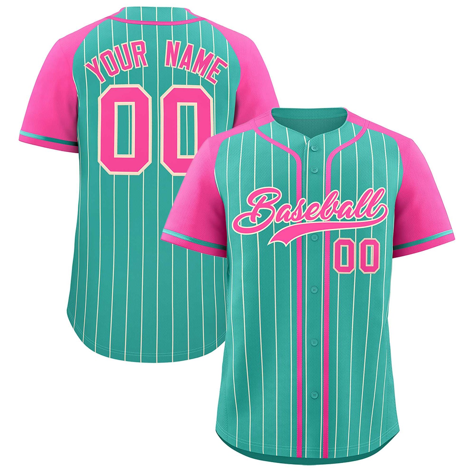 Custom Bright Green Pink Stripe Fashion Raglan Sleeves Authentic Baseball Jersey