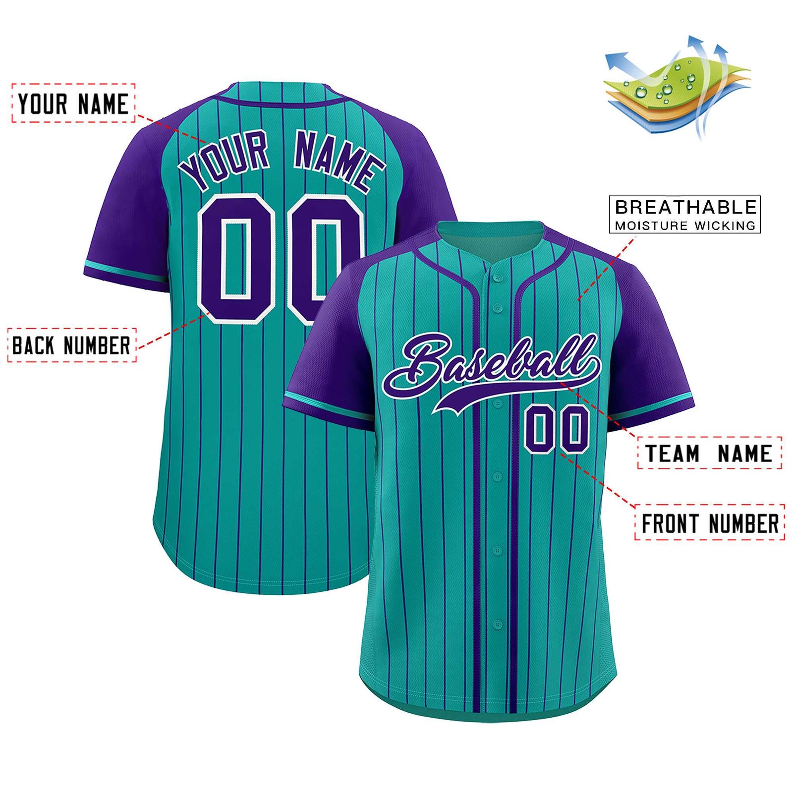 Custom Aqua Purple Stripe Fashion Raglan Sleeves Authentic Baseball Jersey