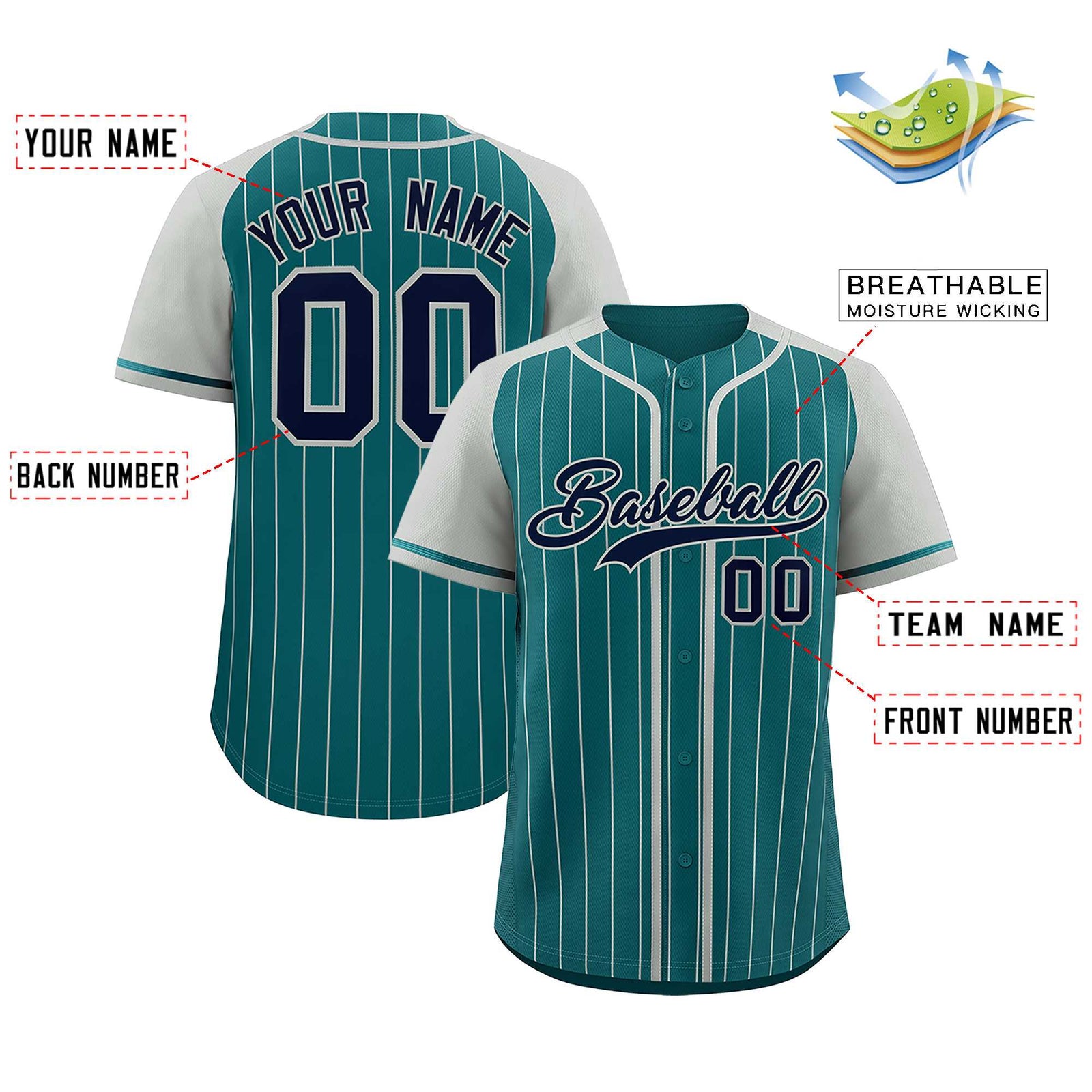 Custom Aqua Gray Stripe Fashion Raglan Sleeves Authentic Baseball Jersey