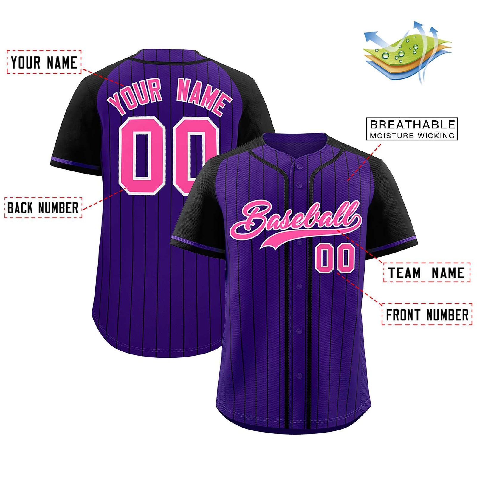 Custom Purple Black Stripe Fashion Raglan Sleeves Authentic Baseball Jersey