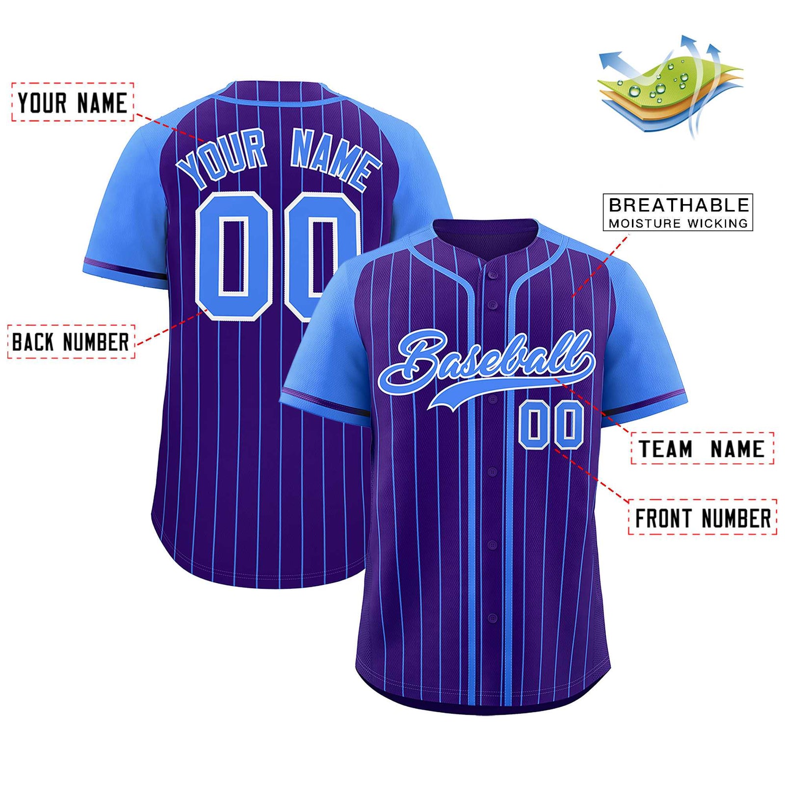 Custom Purple Powder Blue Stripe Fashion Raglan Sleeves Authentic Baseball Jersey