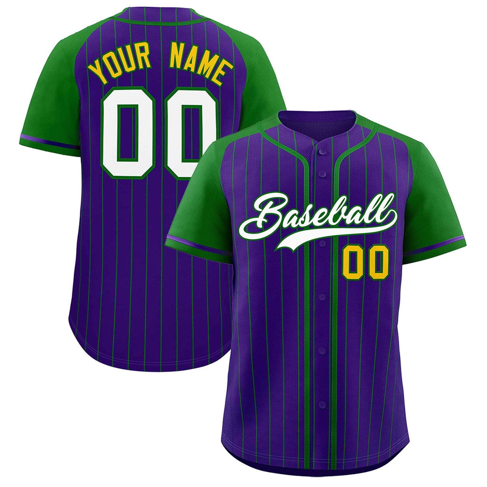 Custom Purple Kelly Green Stripe Fashion Raglan Sleeves Authentic Baseball Jersey