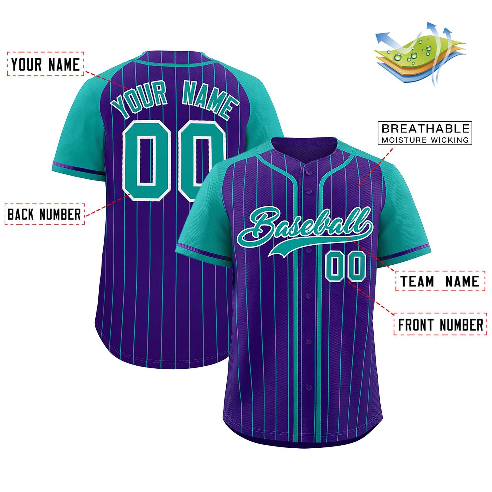 Custom Purple Aqua Stripe Fashion Raglan Sleeves Authentic Baseball Jersey