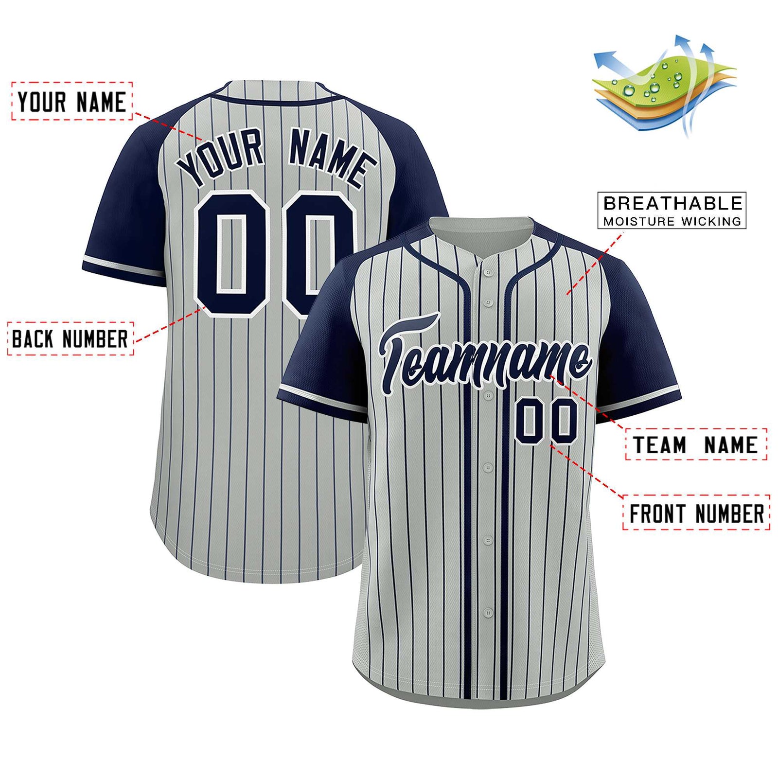 Custom Gray Navy Stripe Fashion Raglan Sleeves Authentic Baseball Jersey