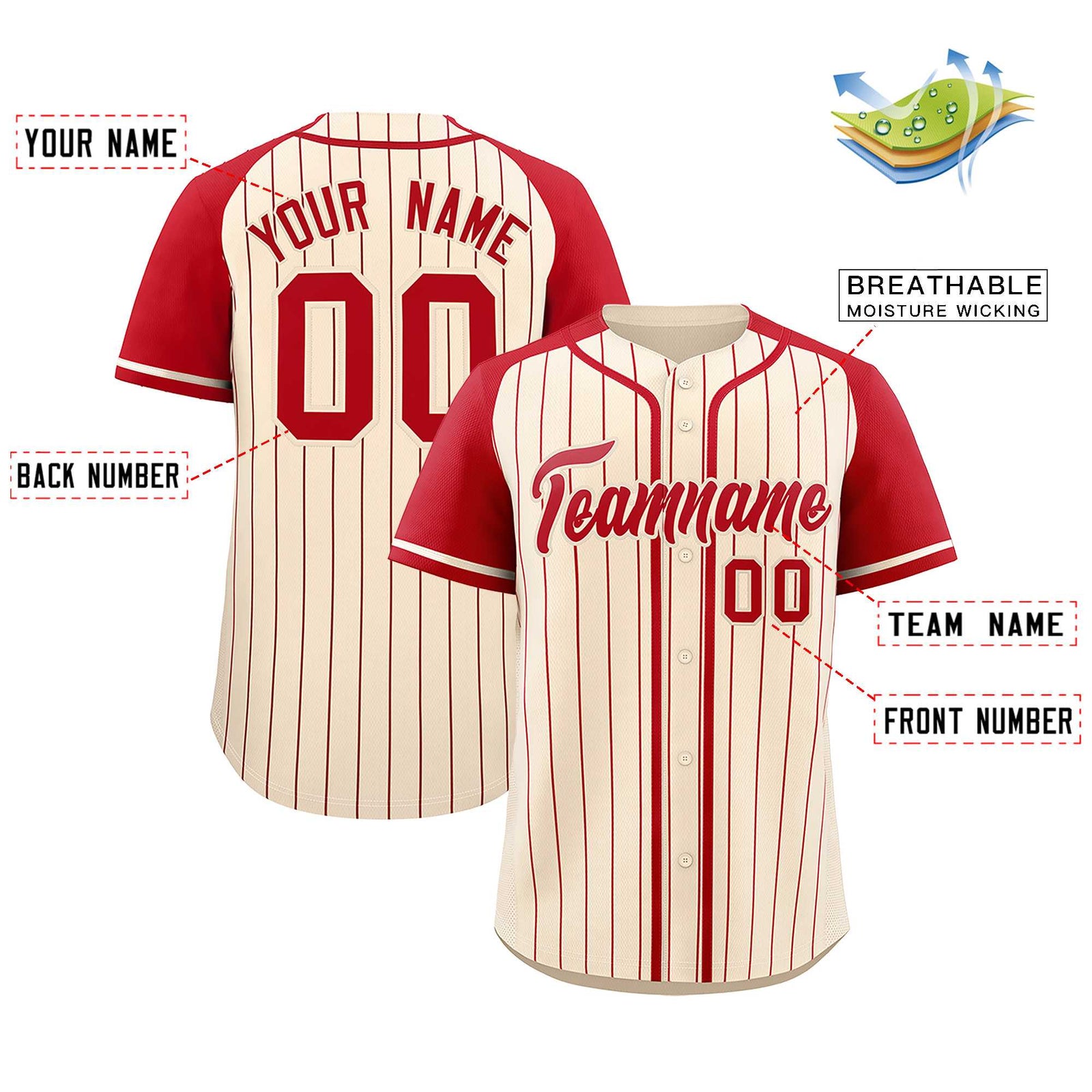 Custom Cream Red Stripe Fashion Raglan Sleeves Authentic Baseball Jersey