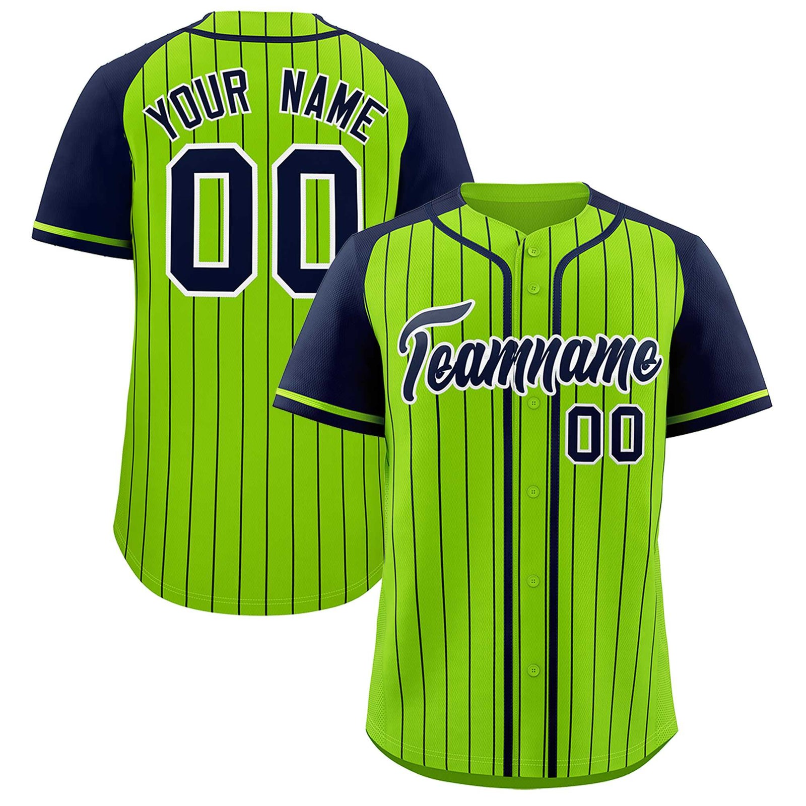 Custom Neon Green Navy Stripe Fashion Raglan Sleeves Authentic Baseball Jersey