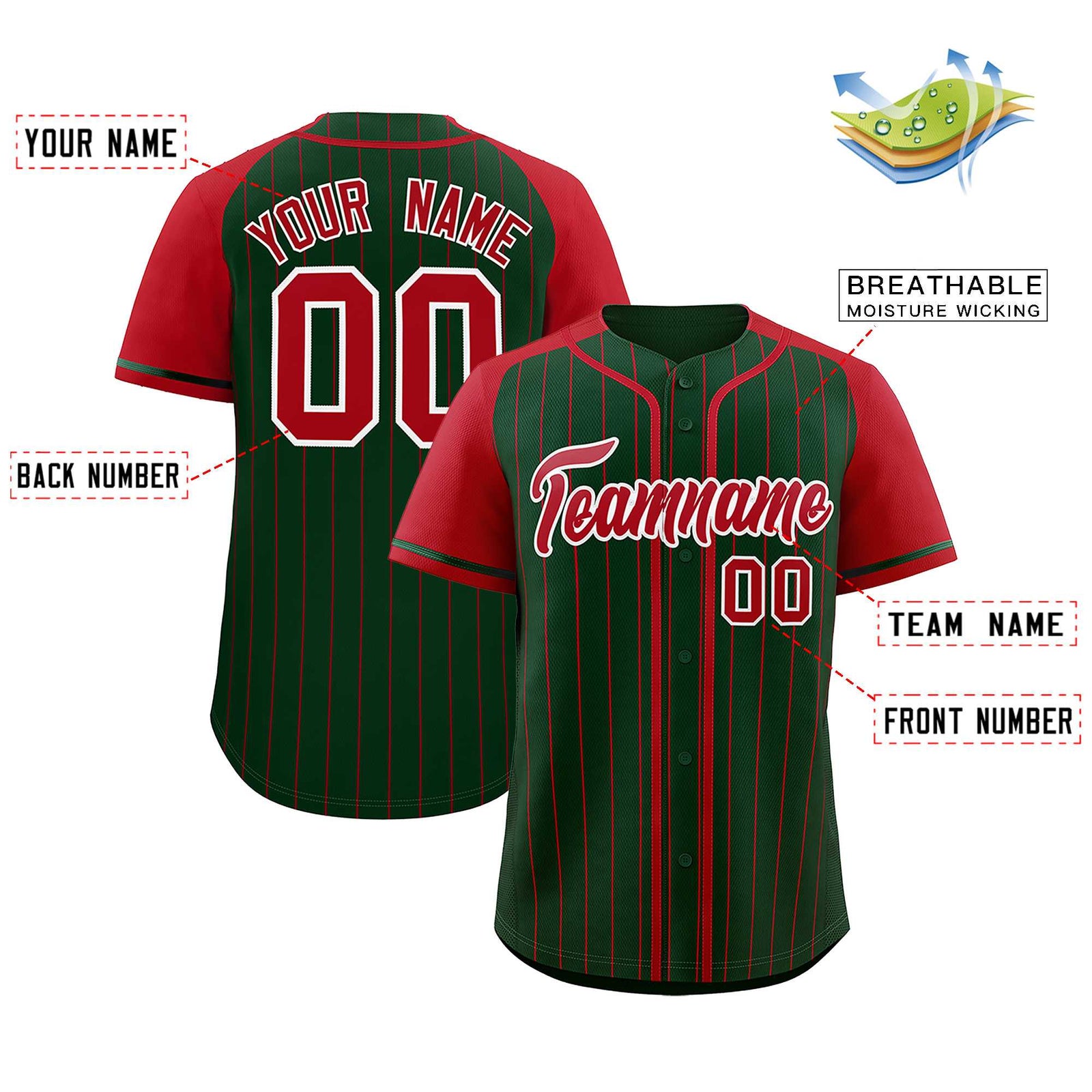 Custom Green Red Stripe Fashion Raglan Sleeves Authentic Baseball Jersey
