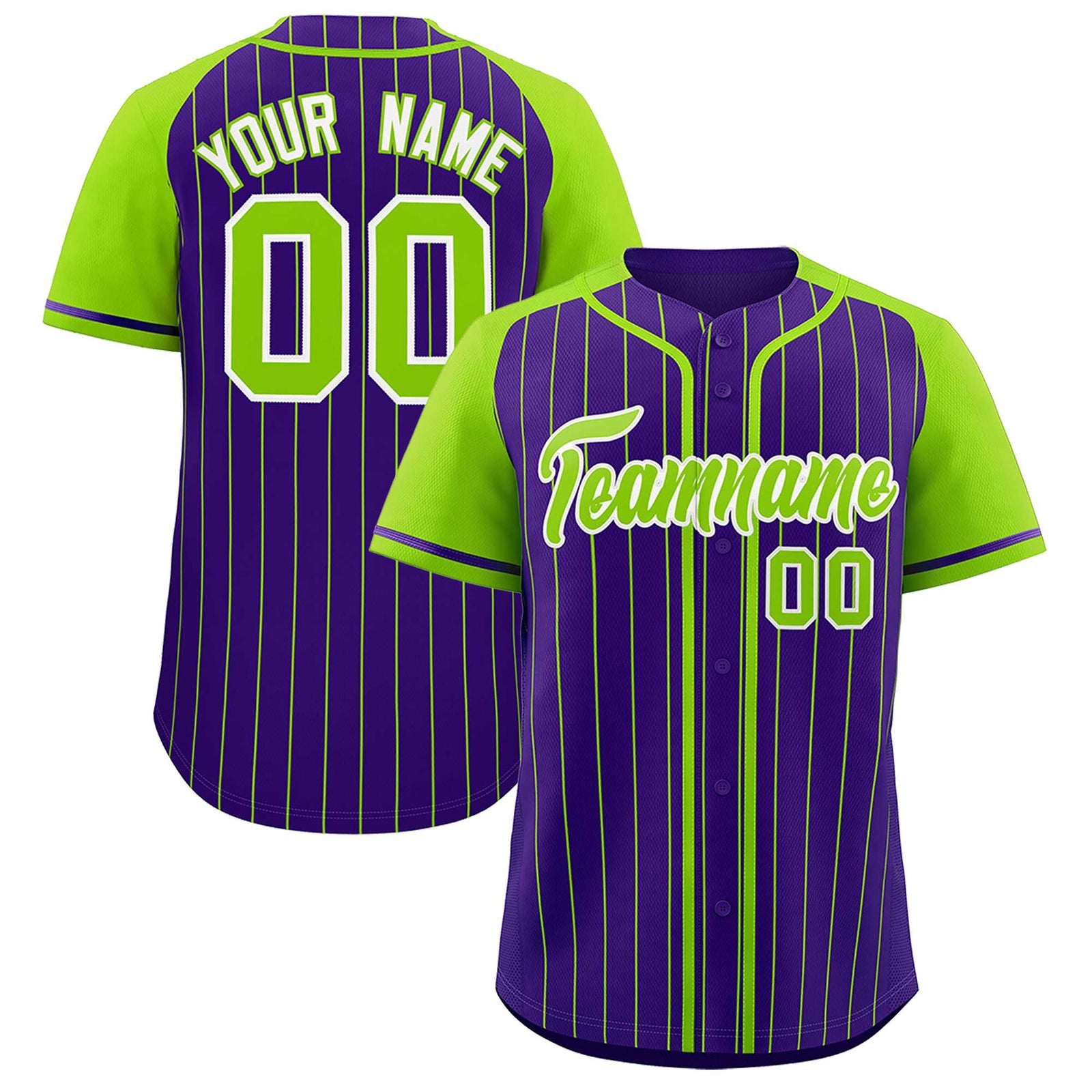 Custom Purple Neon Green Stripe Fashion Raglan Sleeves Authentic Baseball Jersey