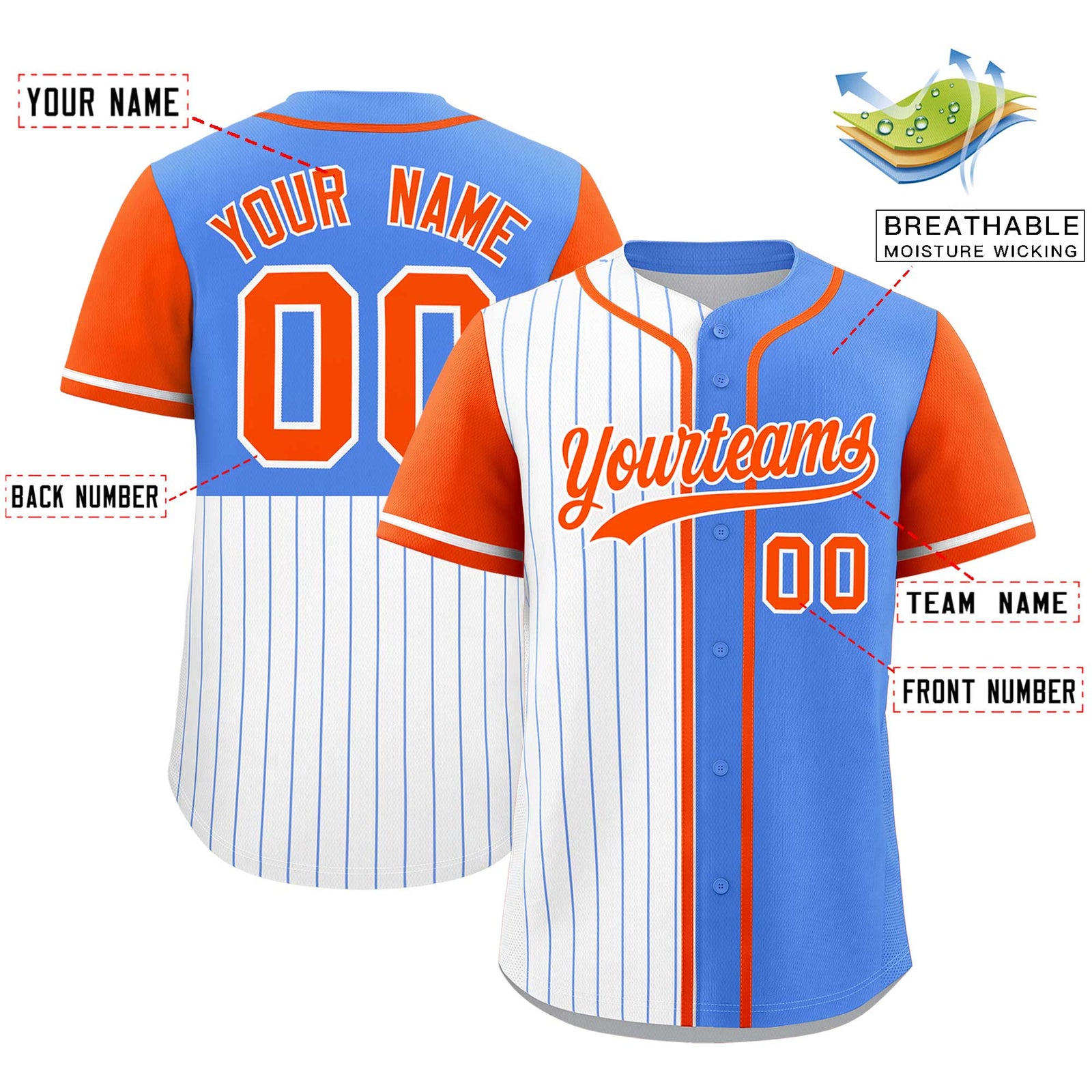 Custom White Powder Blue and Orange Pinstripe Personalized Raglan Sleeves Authentic Baseball Jersey