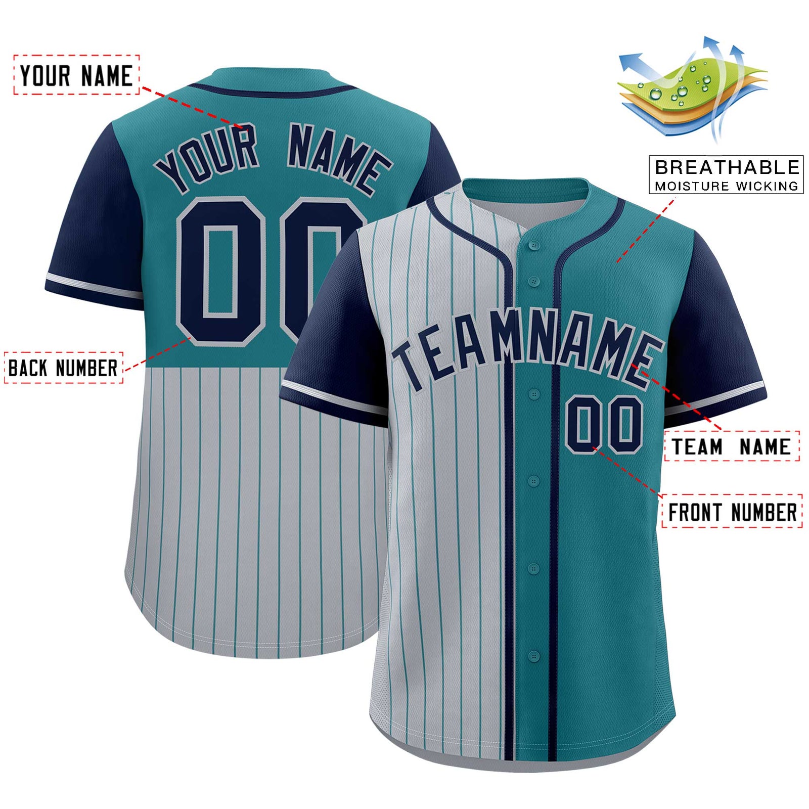 Custom Gray Teal and Navy Pinstripe Personalized Raglan Sleeves Authentic Baseball Jersey