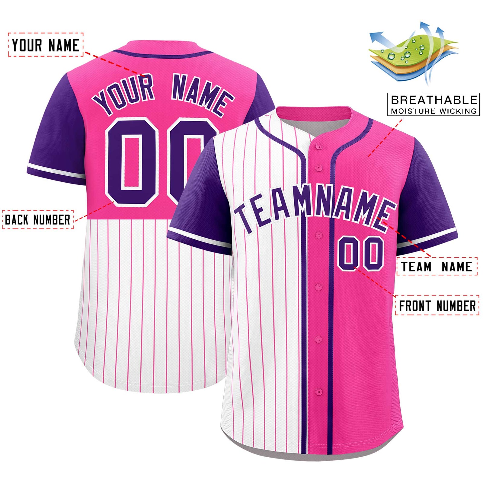 Custom White Pink and Purple Pinstripe Personalized Raglan Sleeves Authentic Baseball Jersey