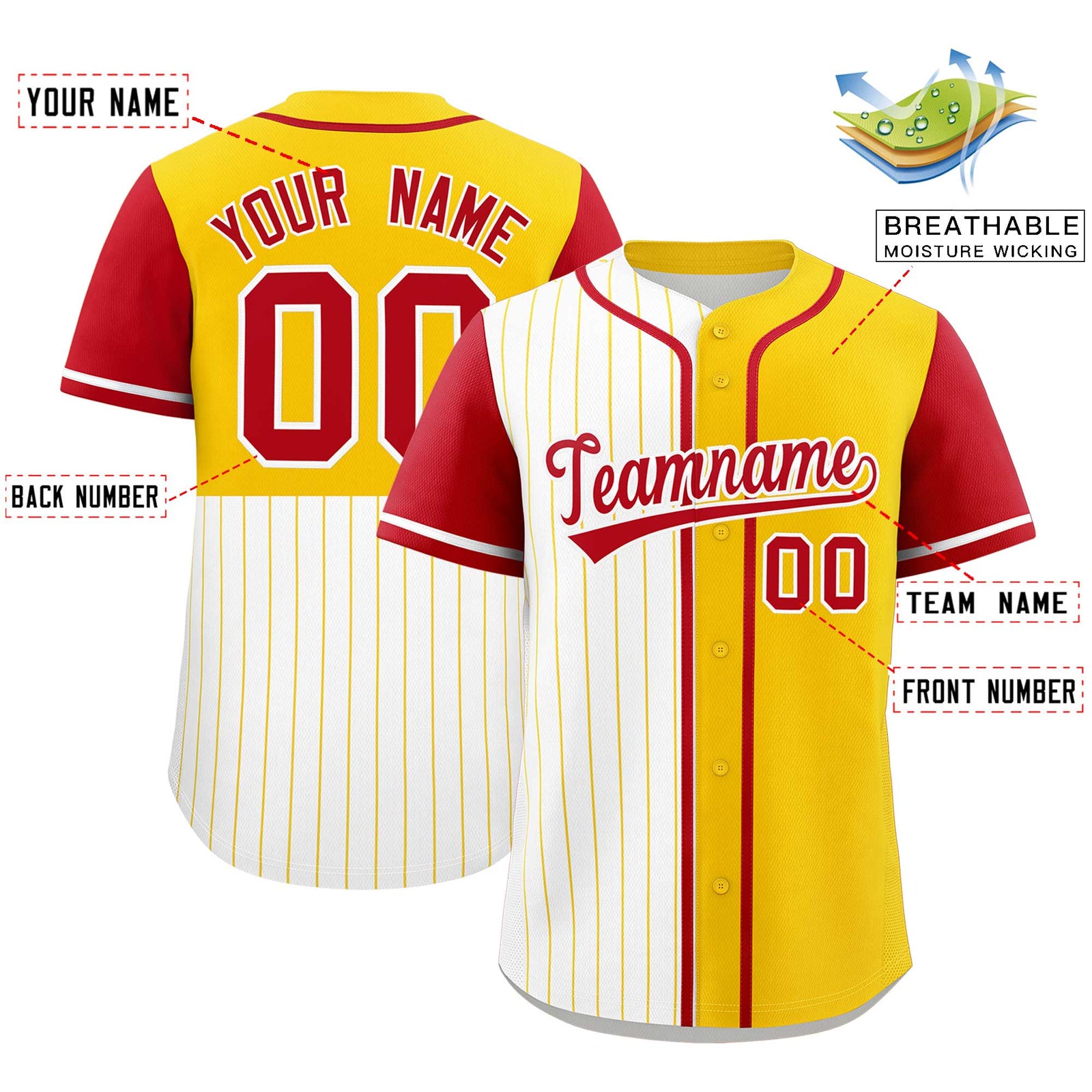 Custom White Gold and Red Pinstripe Personalized Raglan Sleeves Authentic Baseball Jersey