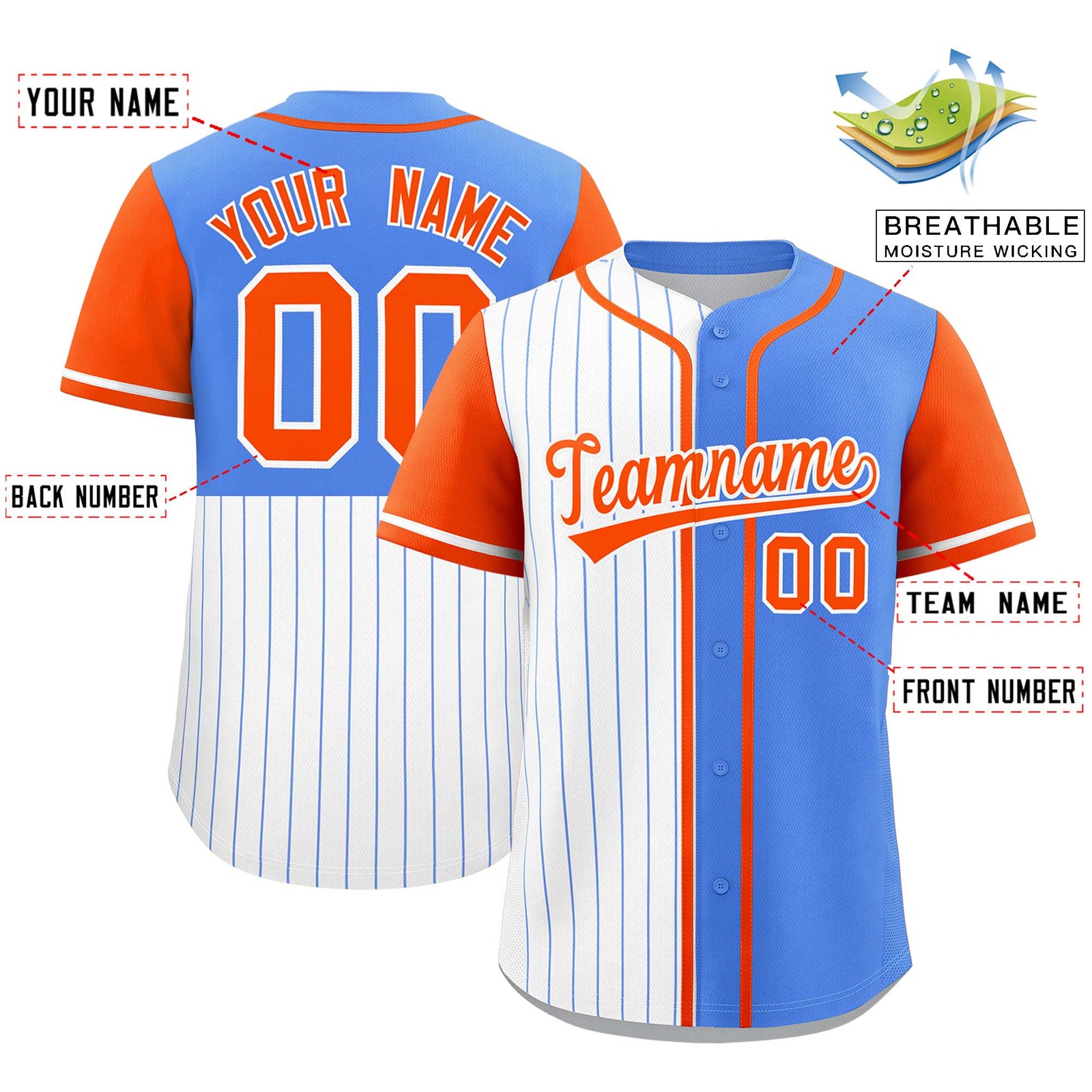 Custom White Powder Blue and Orange Pinstripe Personalized Raglan Sleeves Authentic Baseball Jersey