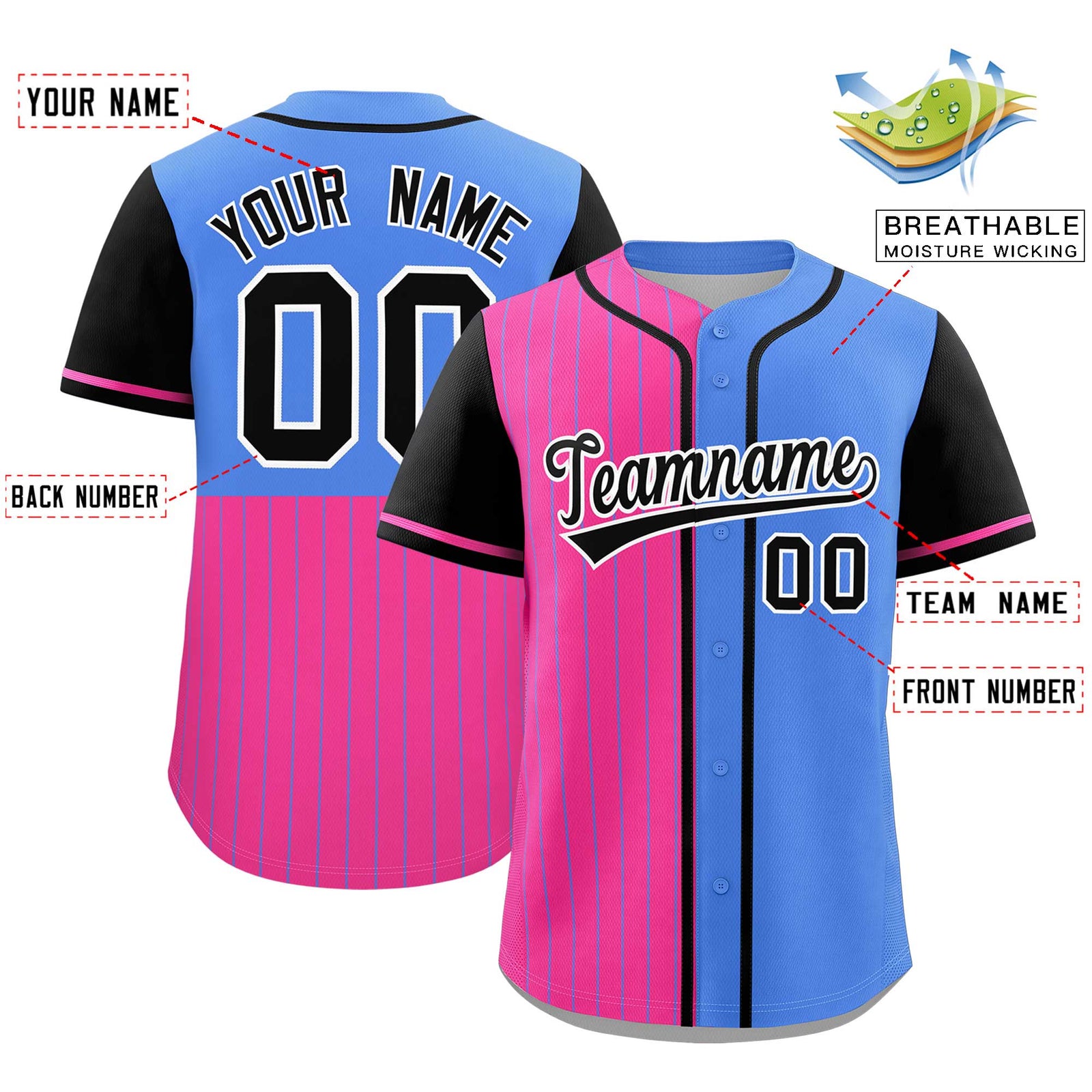 Custom Pink Powder Blue and Black Pinstripe Personalized Raglan Sleeves Authentic Baseball Jersey