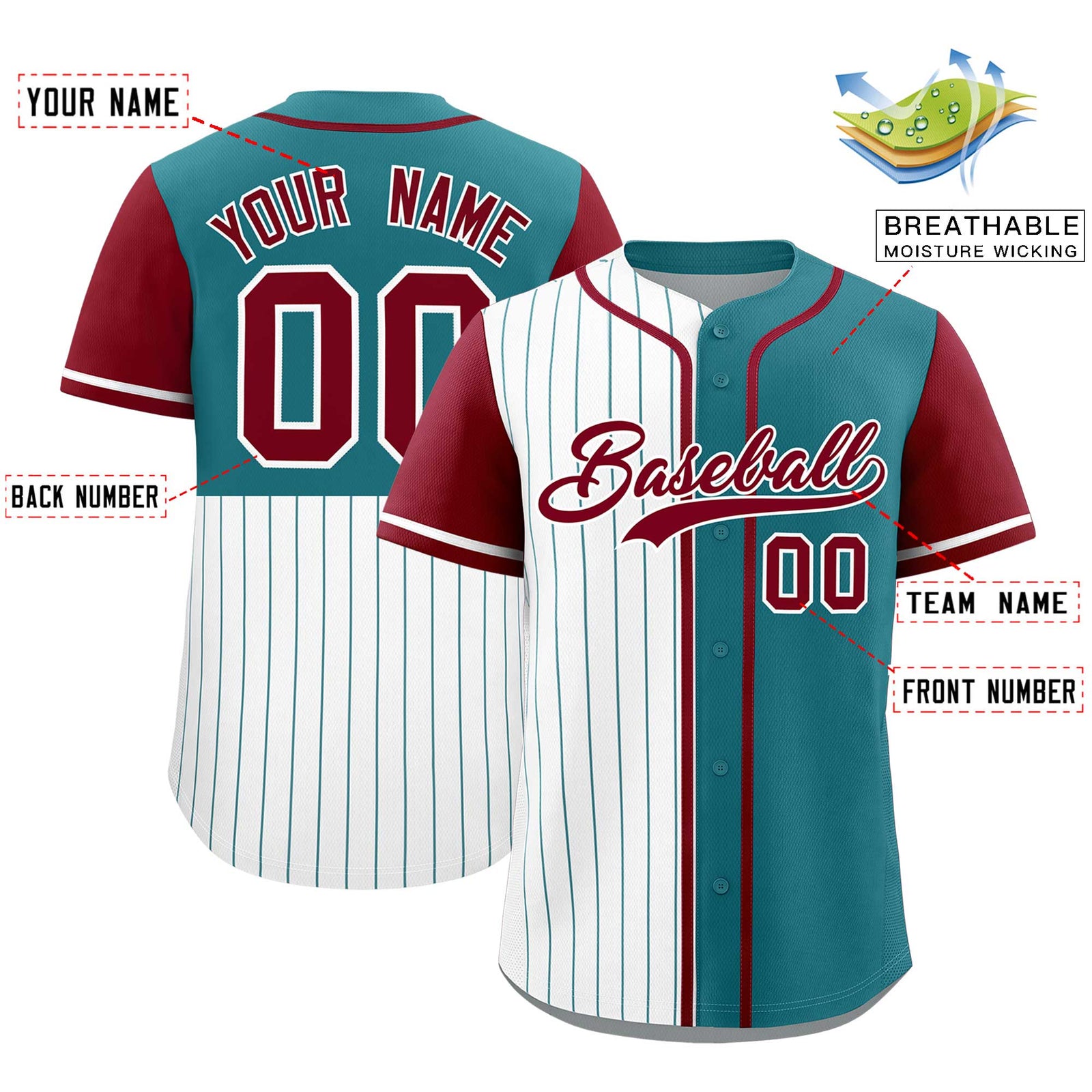 Custom White Teal and Crimson Pinstripe Personalized Raglan Sleeves Authentic Baseball Jersey