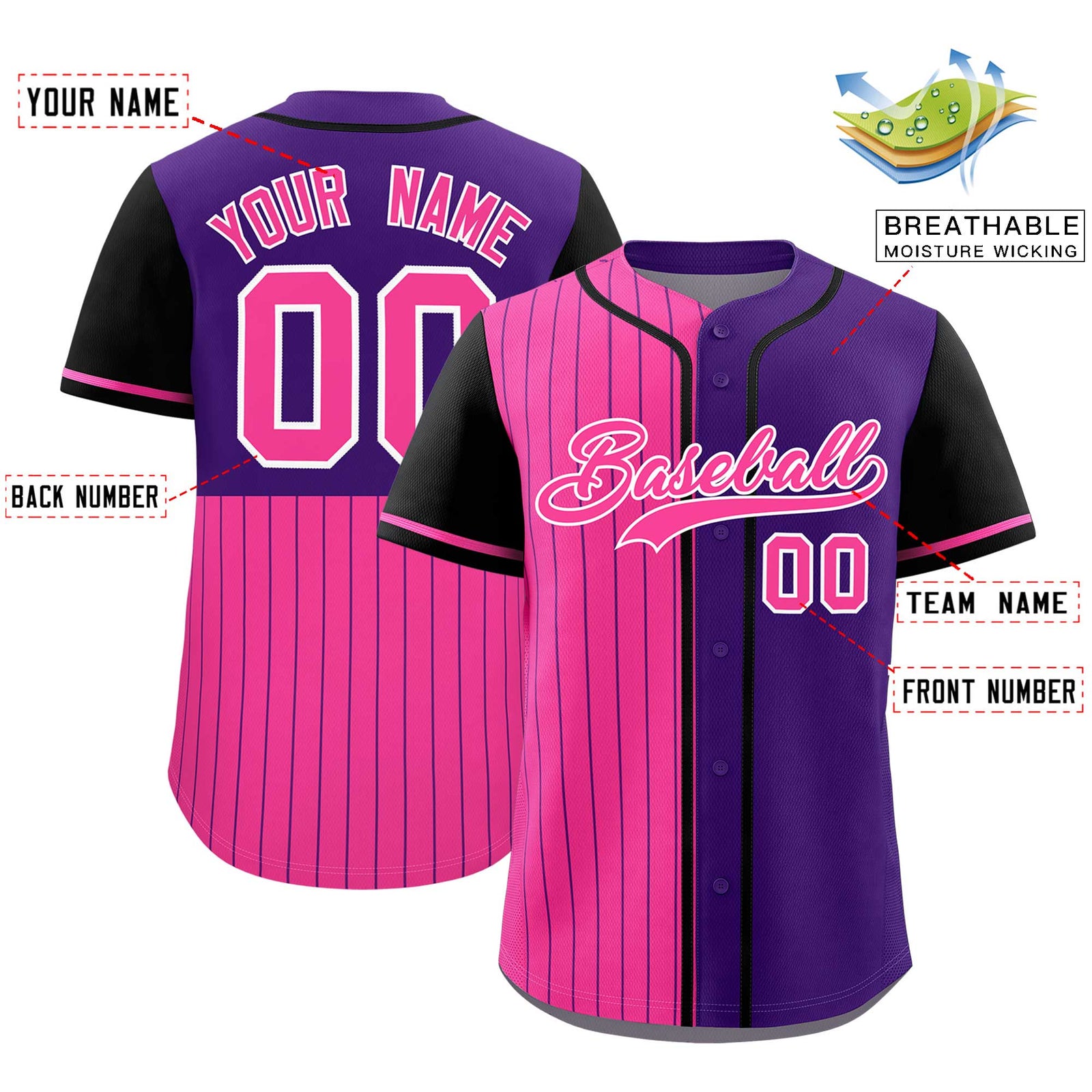 Custom Pink Purple and Black Pinstripe Personalized Raglan Sleeves Authentic Baseball Jersey