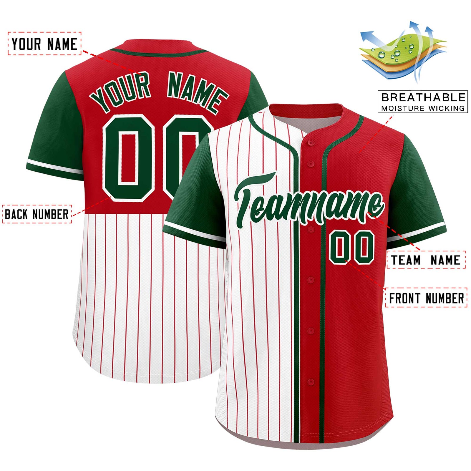 Custom White Red and Green Pinstripe Personalized Raglan Sleeves Authentic Baseball Jersey
