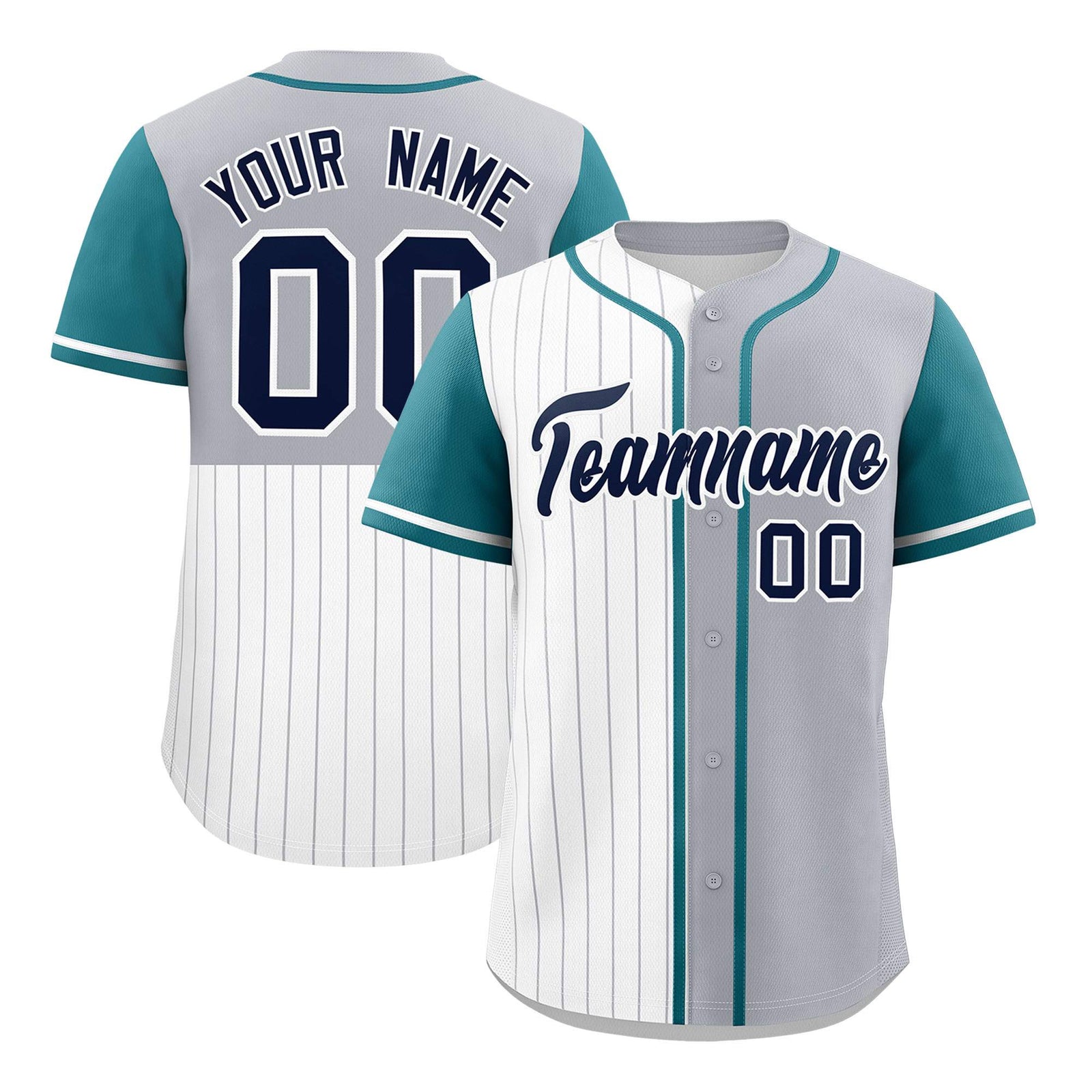 Custom White Gray and Teal Pinstripe Personalized Raglan Sleeves Authentic Baseball Jersey