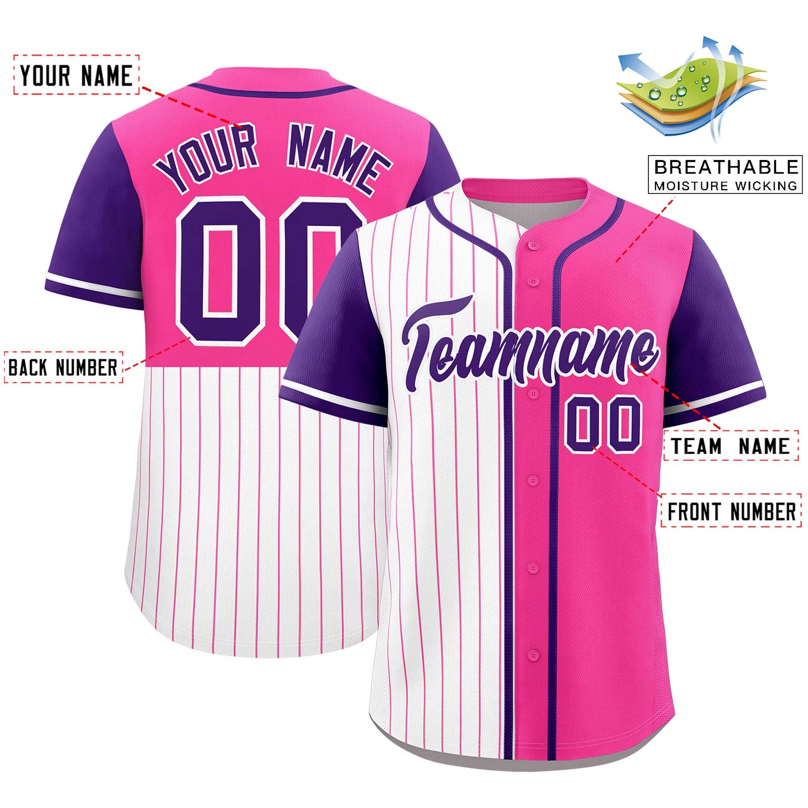 Custom White Pink and Purple Pinstripe Personalized Raglan Sleeves Authentic Baseball Jersey
